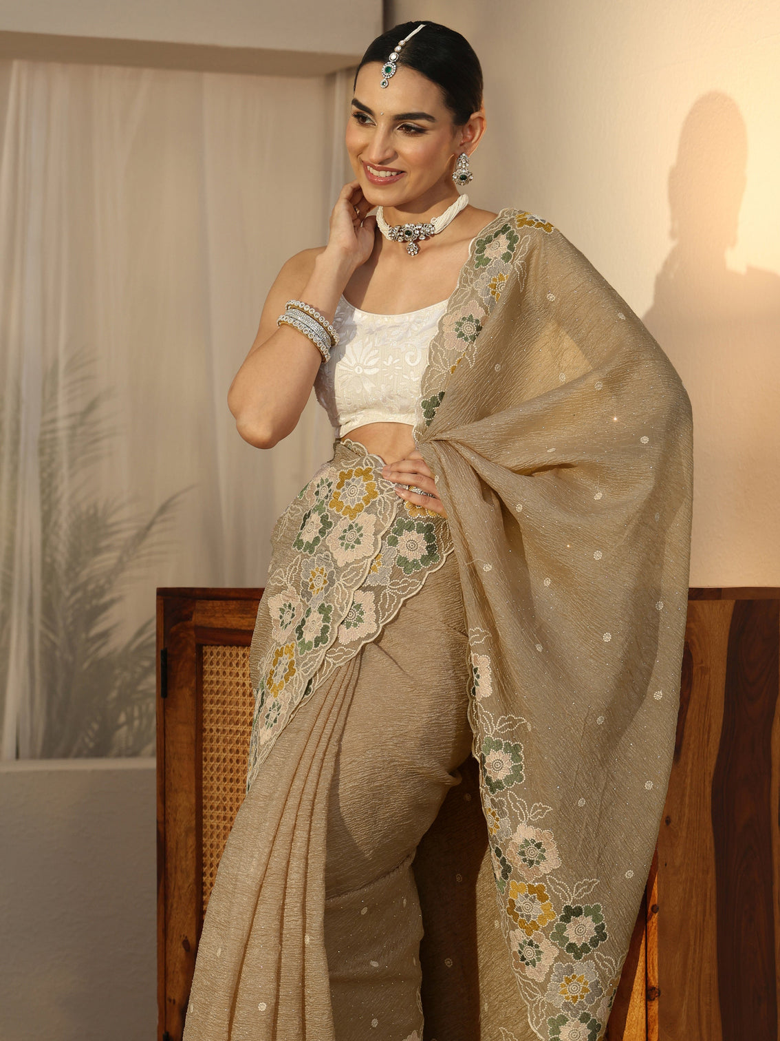 Mameraa Peach Floral Stone Work Embroidered saree