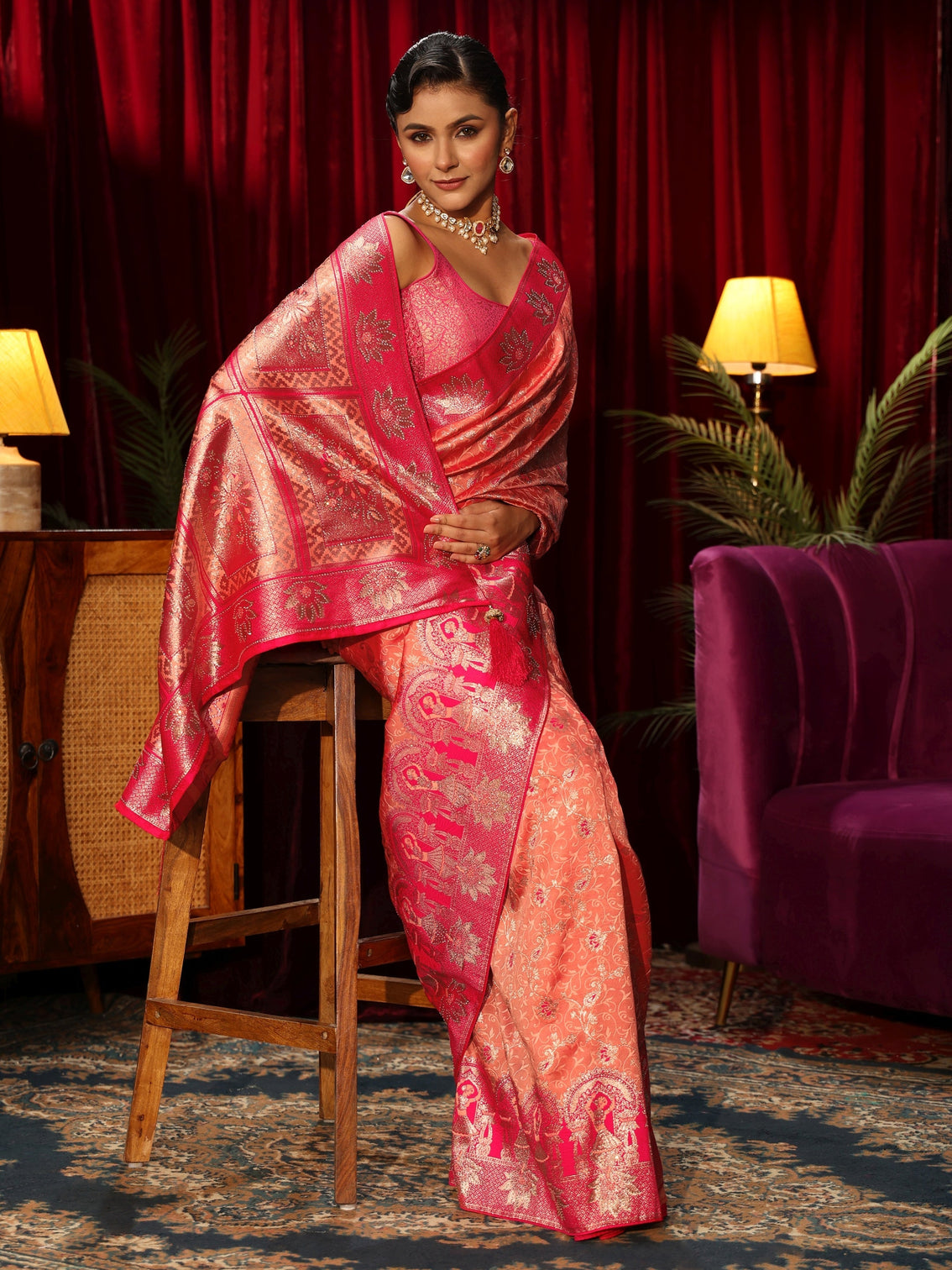Mameraa Peach Floral Woven Design Embellished Silk Blend Saree