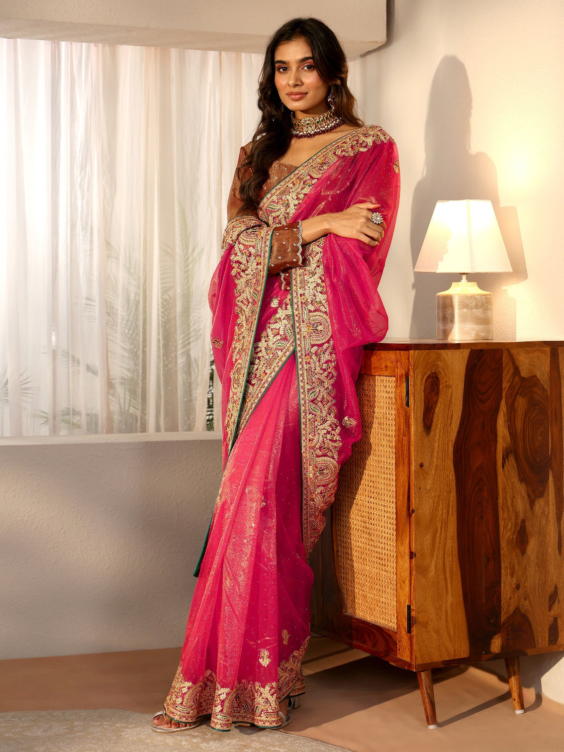 Mameraa Peach Net Saree with Embroidered Border