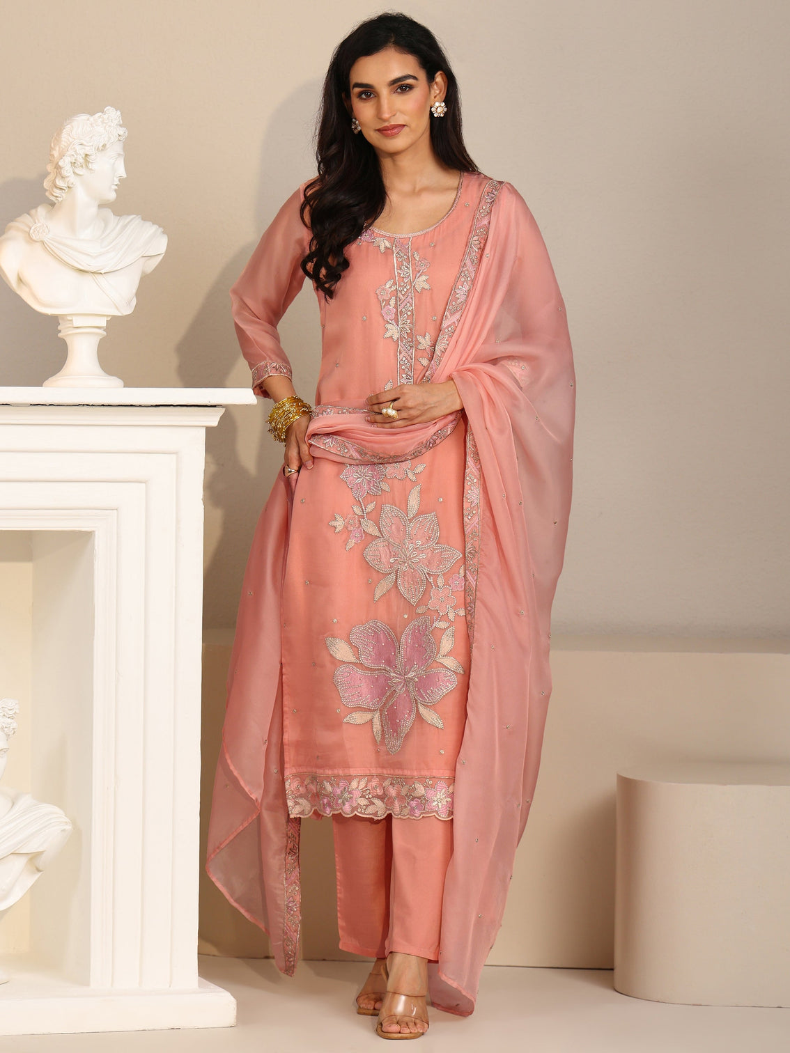 Mameraa Peach Orange Floral Embellished Tissue Straight Suit Set