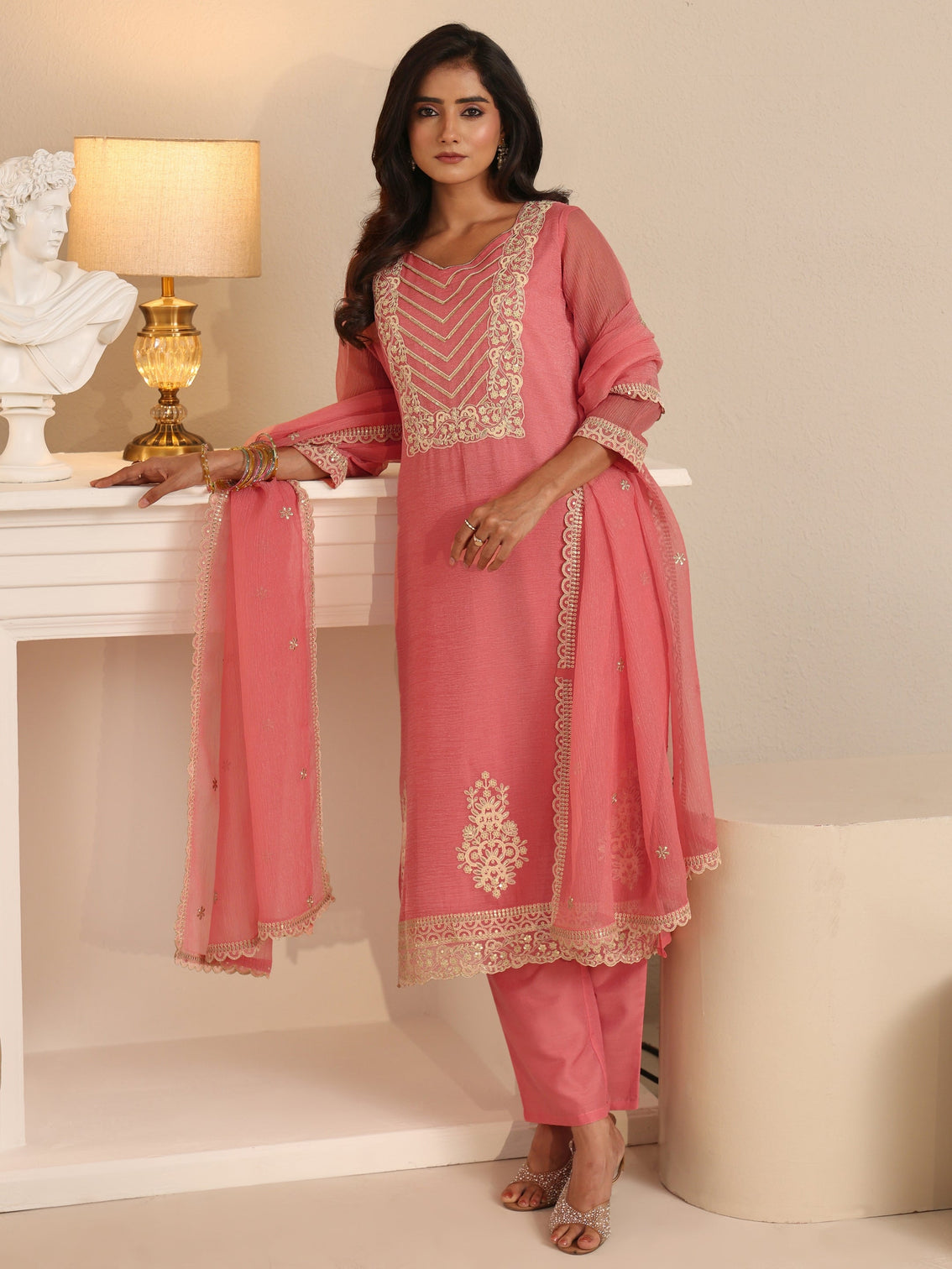 Mameraa Peach Orange Floral Embroidered Chiffon Straight Suit Set