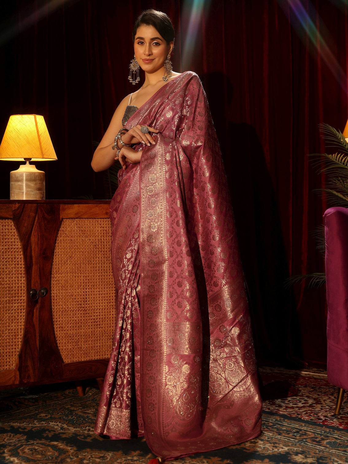 Mameraa Peach Pink Embellished Floral Designs Brocade Saree