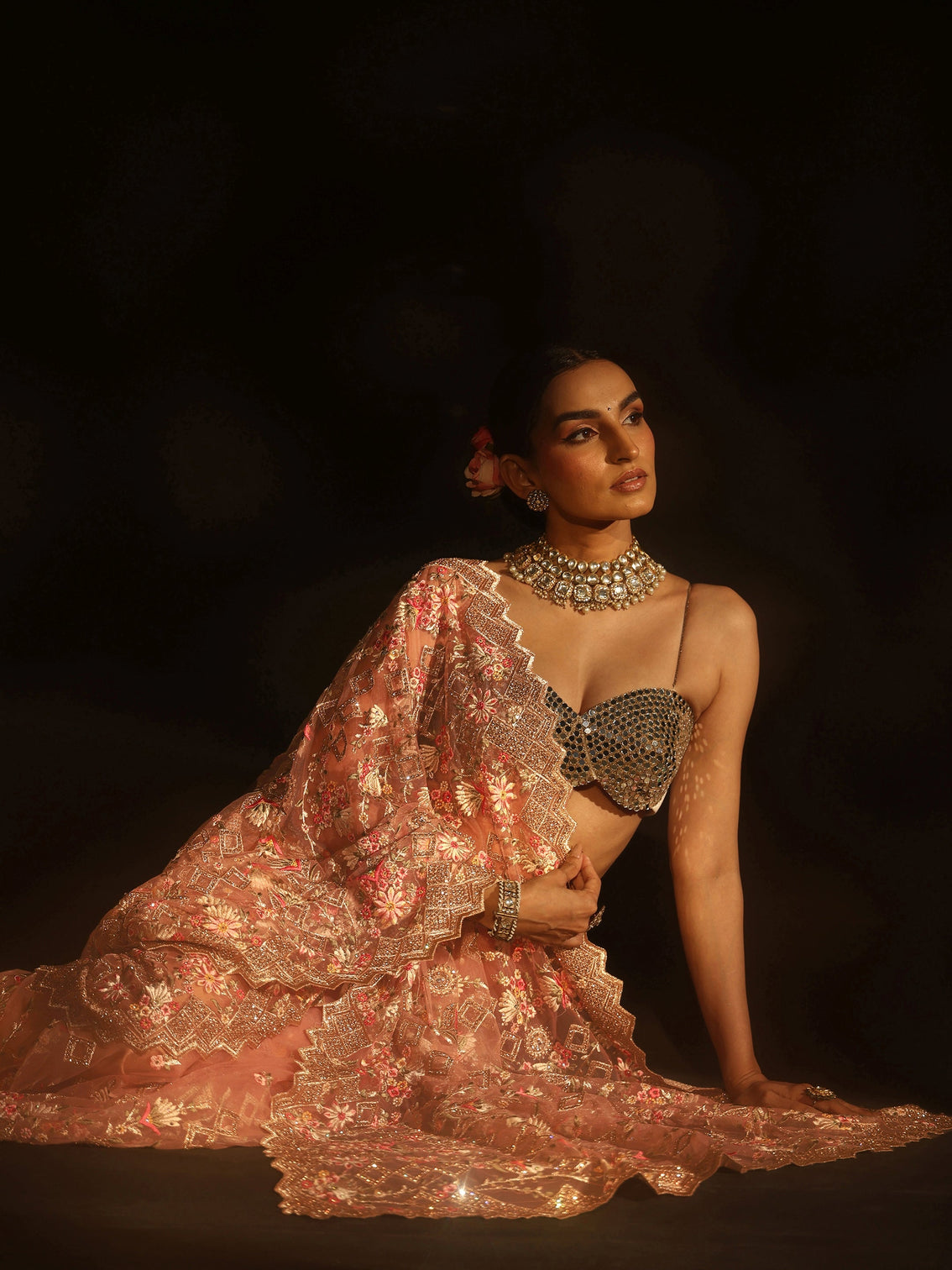 Mameraa Peach Pink Floral Embellished Net Saree