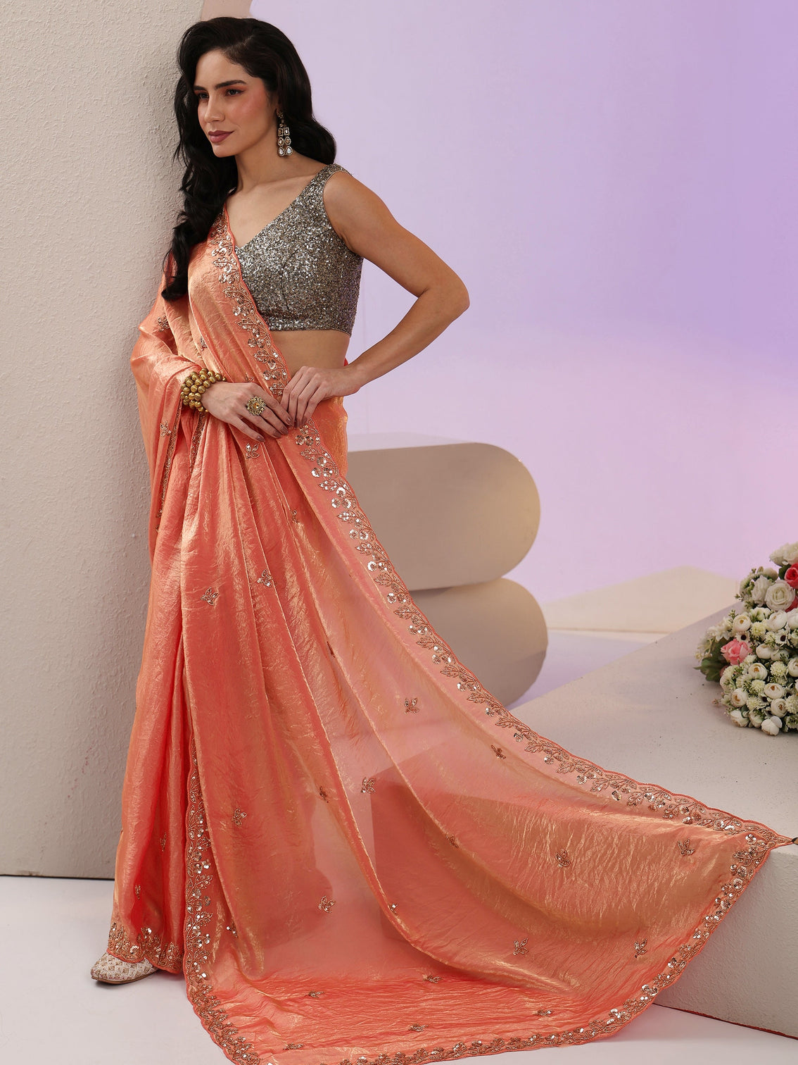 Mameraa Peach Pink Floral Embellished Tissue Saree