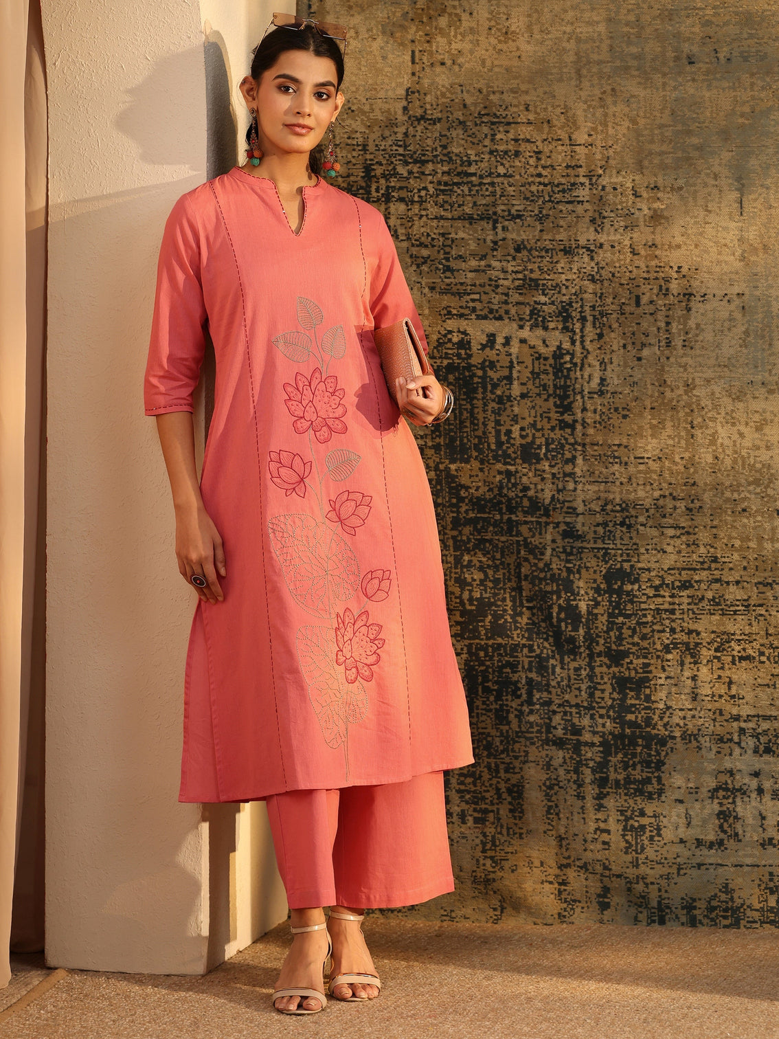 Mameraa Peach Pink Floral Embroidered Cotton Co-Ord Set