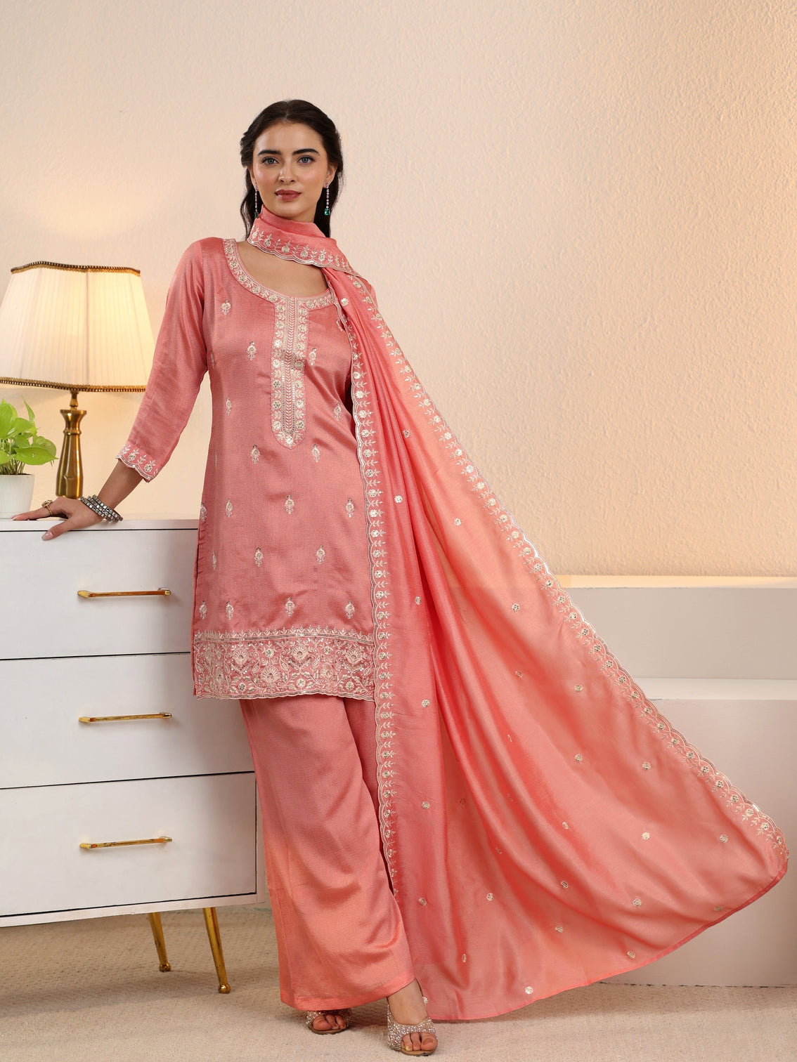 Mameraa Peach Pink Floral Embroidered Silk Blend Palazzo Suit Set