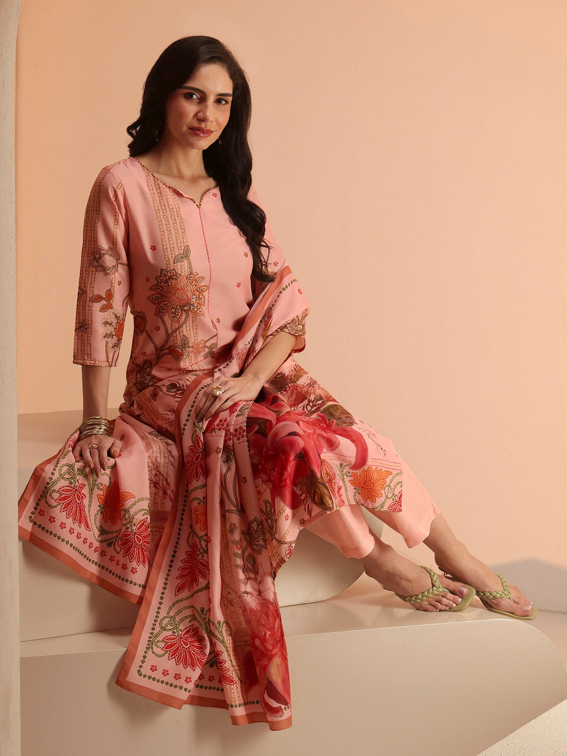Mameraa Peach Pink Floral Printed Silk Blend Straight Suit Set