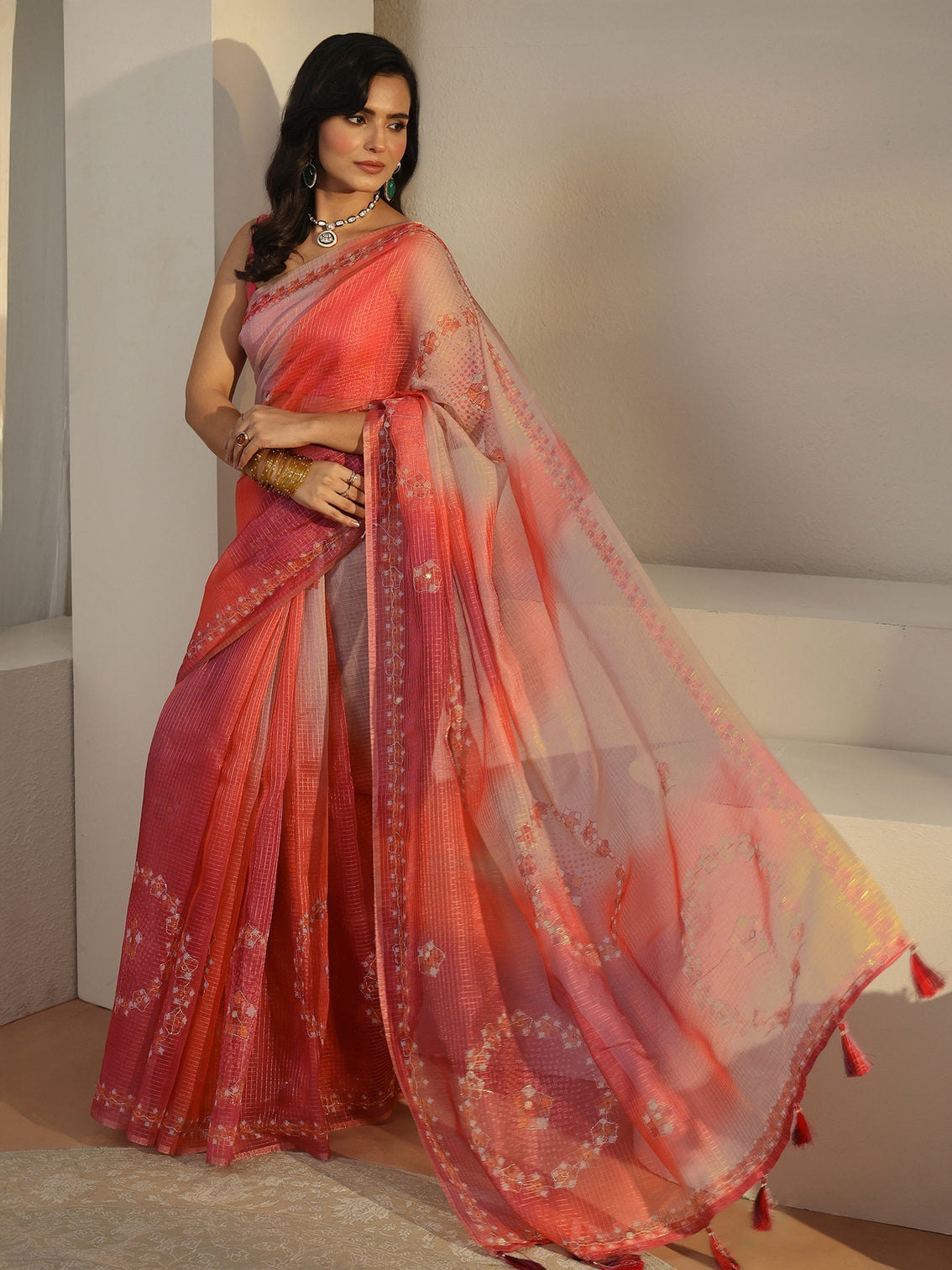 Mameraa Peach Pink Floral Printed Silk Blend Saree