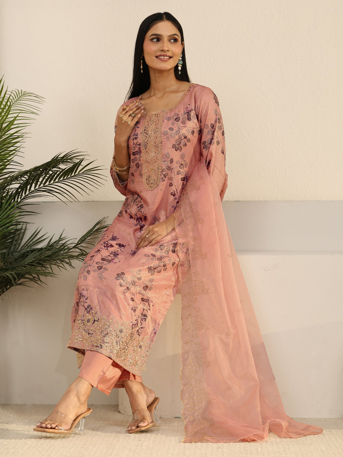 Mameraa Peach Pink Floral Printed Silk Blend Straight Suit Set