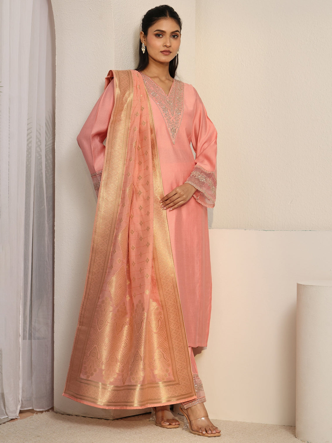 Mameraa Peach Pink Floral Yoke Silk Blend Straight Suit Set