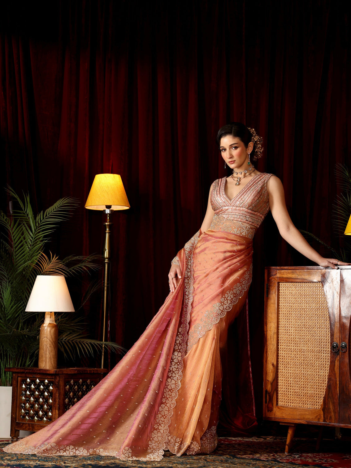 Mameraa Peach Pink Stone Work Embellished Tissue Saree