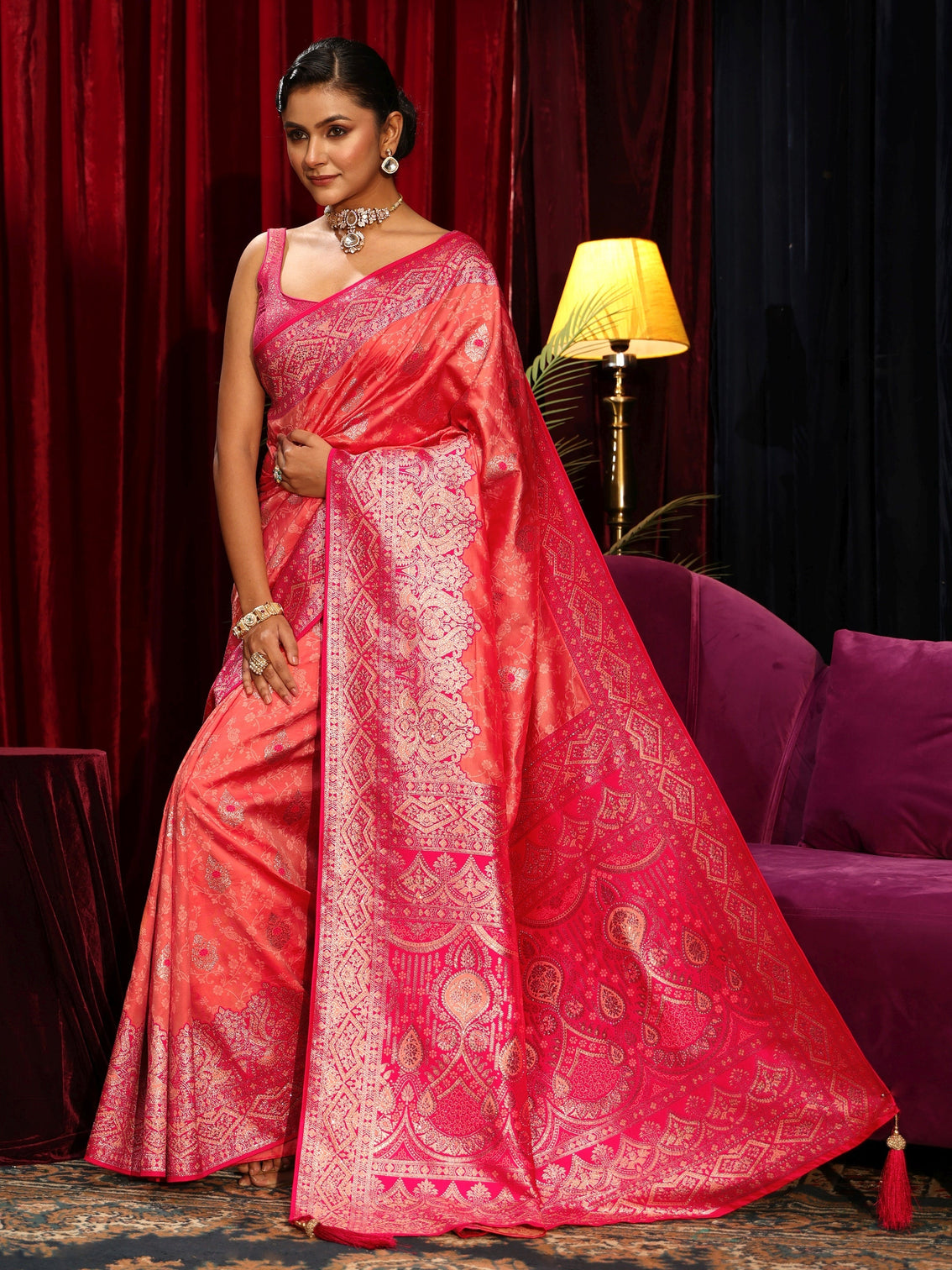 Mameraa Peach Pink Woven Design Embellished Silk Blend Saree