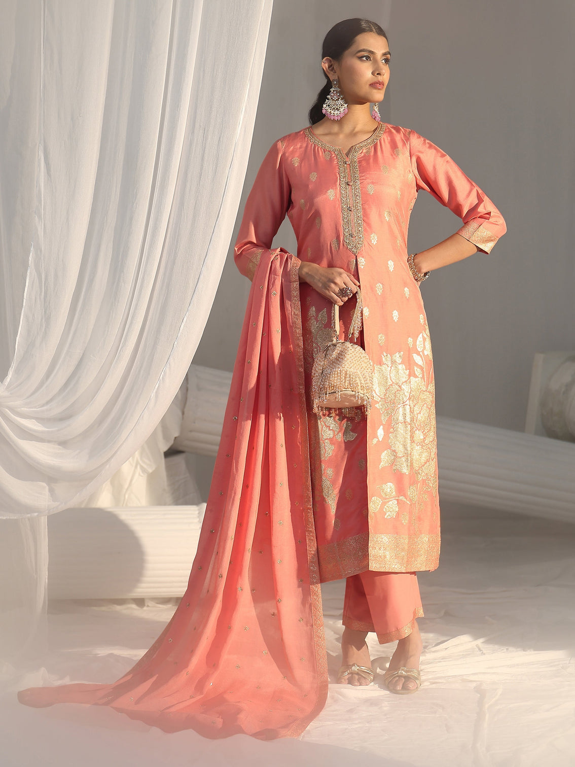 Mameraa Peach Pink Woven Design Front Slit Silk Blend Straight Suit Set