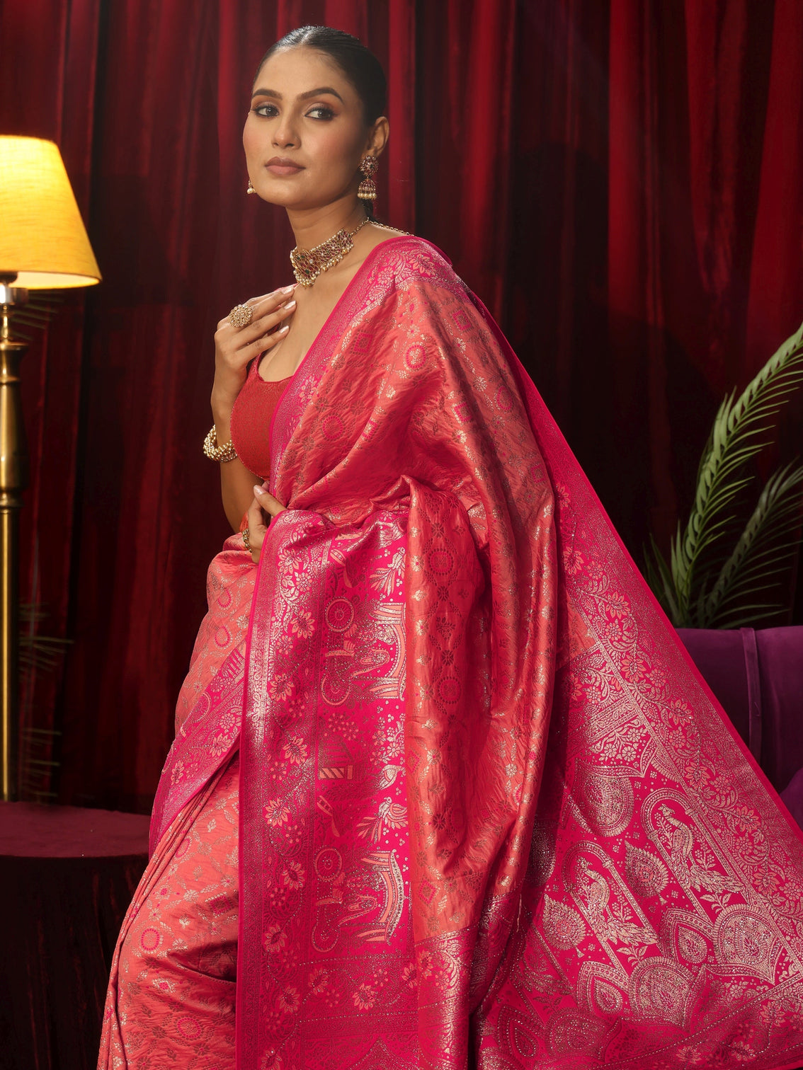 Mameraa Peach Pink Woven Design Silk Blend Saree