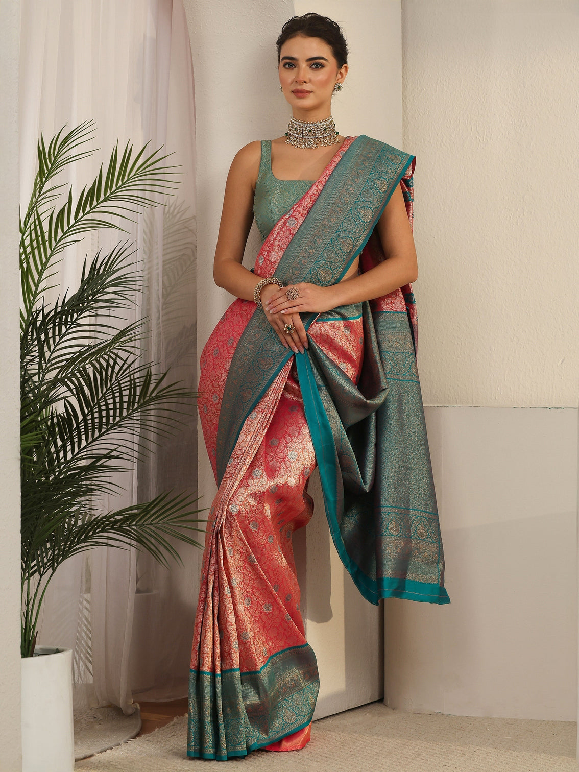 Mameraa Peach Pink and Blue Floral Woven Design Silk Blend Saree