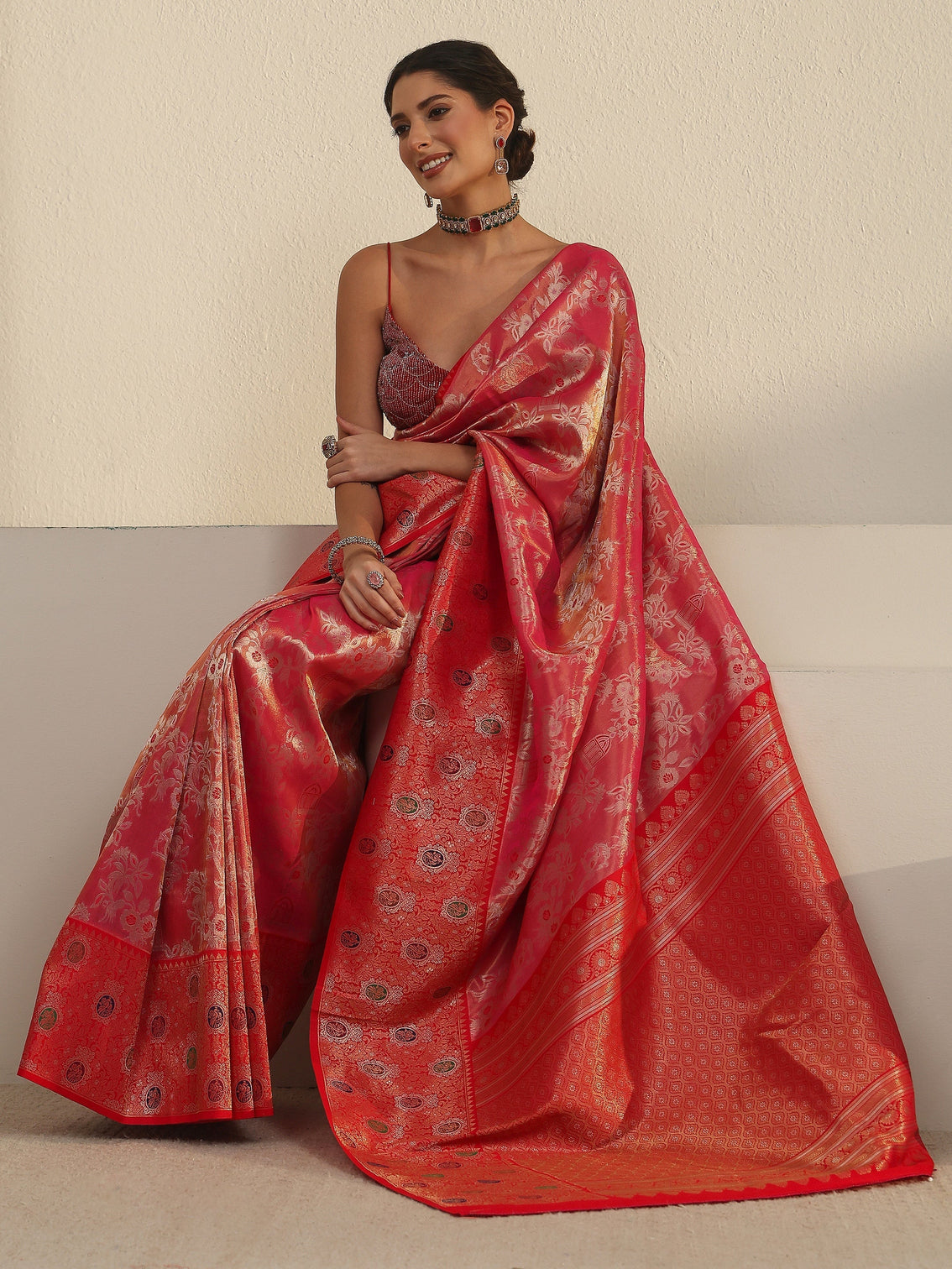 Mameraa Peach Pink and Red Floral Woven Design Silk Blend Saree