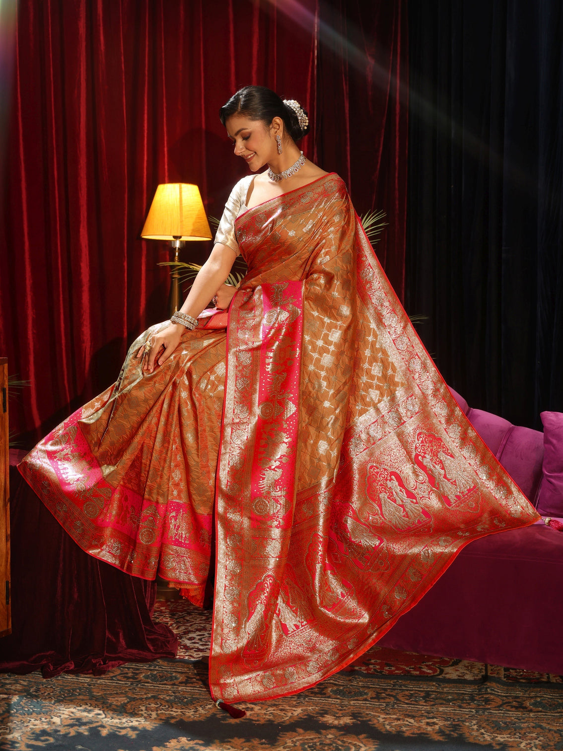 Mameraa Peach and Pink Mughal Motif Woven Design Silk Blend Saree