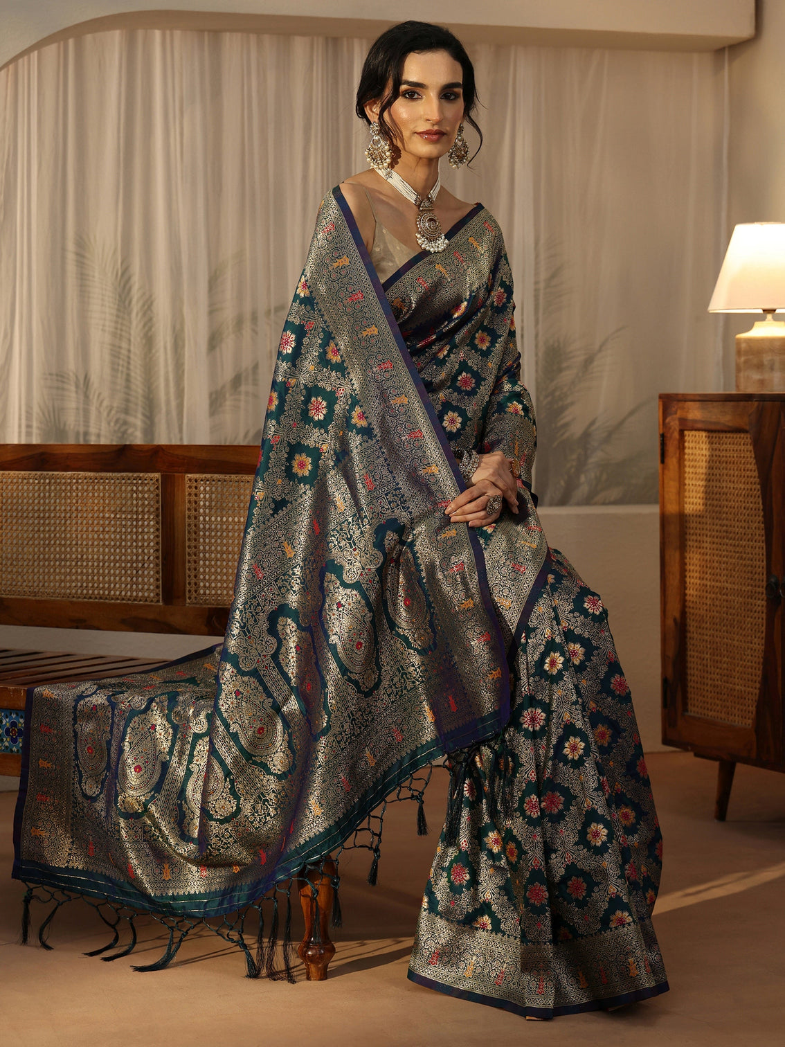 Mameraa Peacock Blue Banarasi Silk Blend Saree