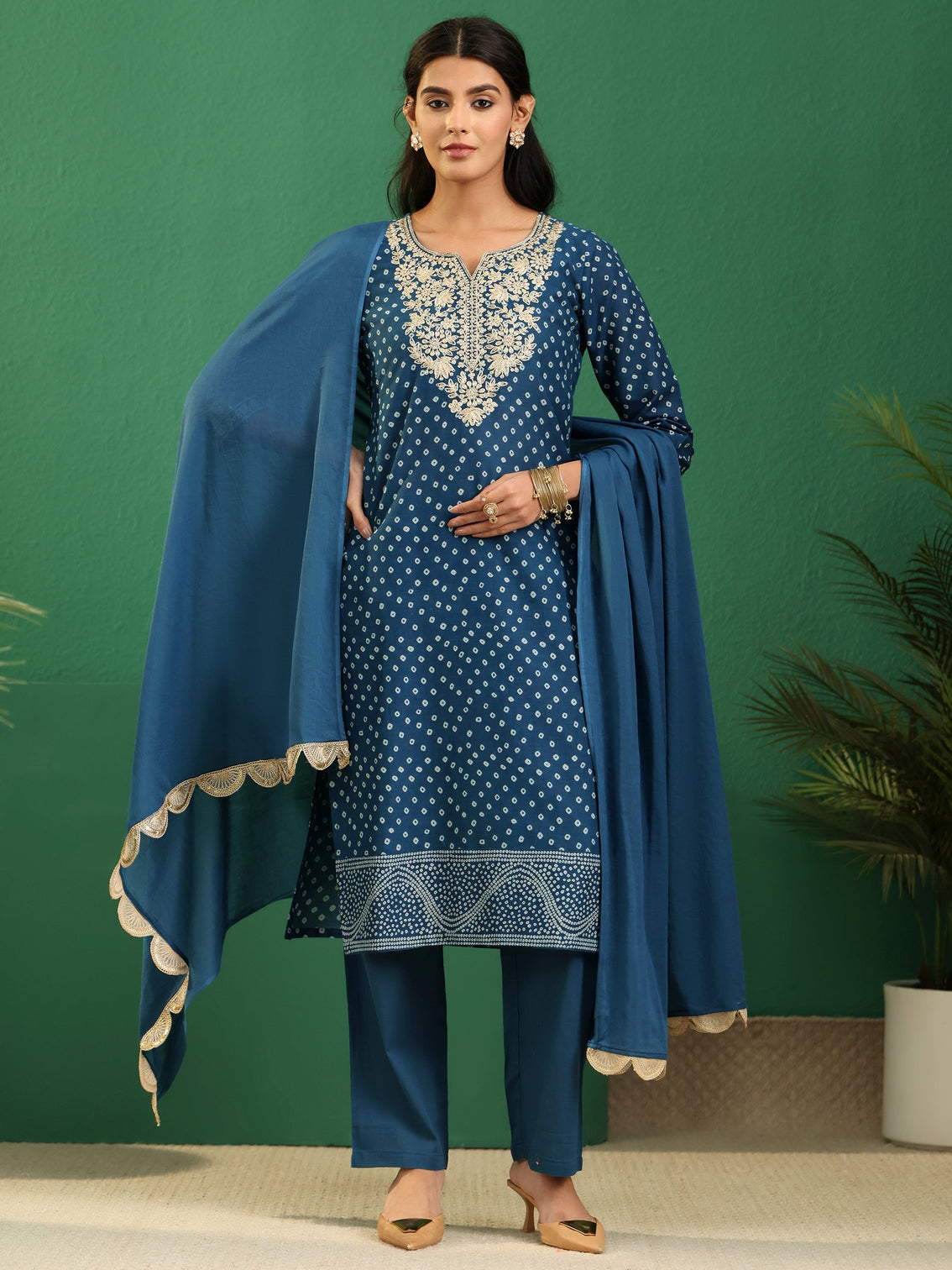 Mameraa Peacock Blue Bandhani Cotton Straight Suit Set