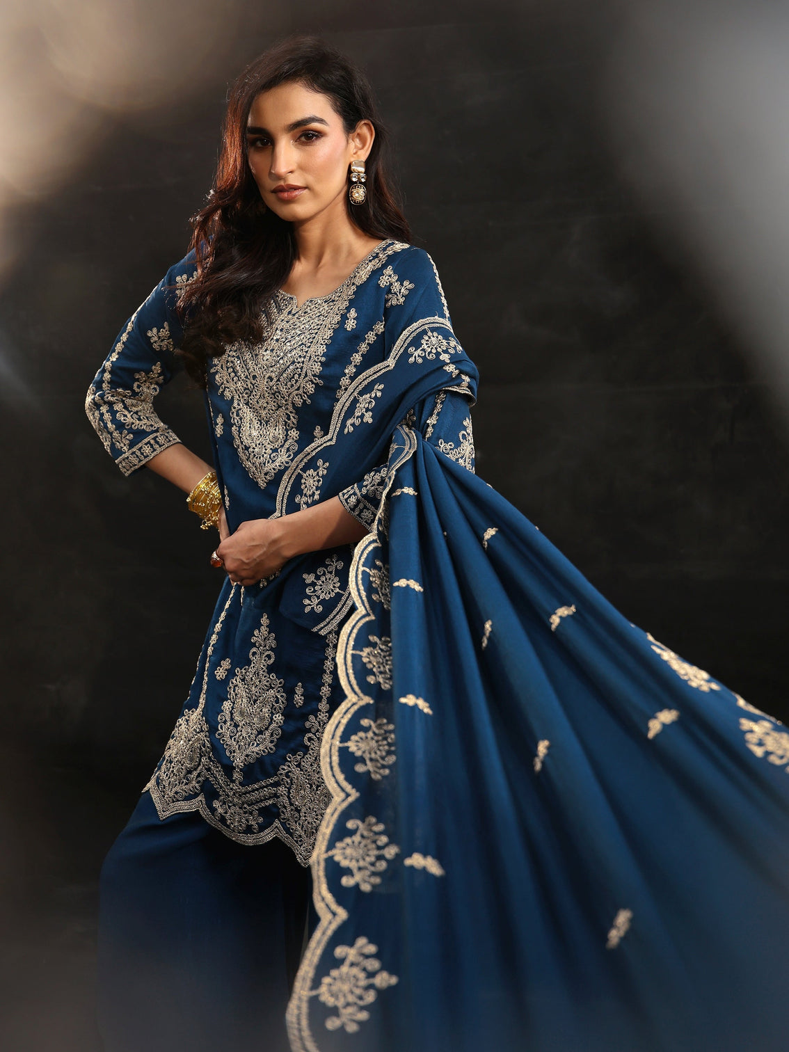 Mameraa Peacock Blue Embellished Chinon Short Kurta Palazzo Suit Set