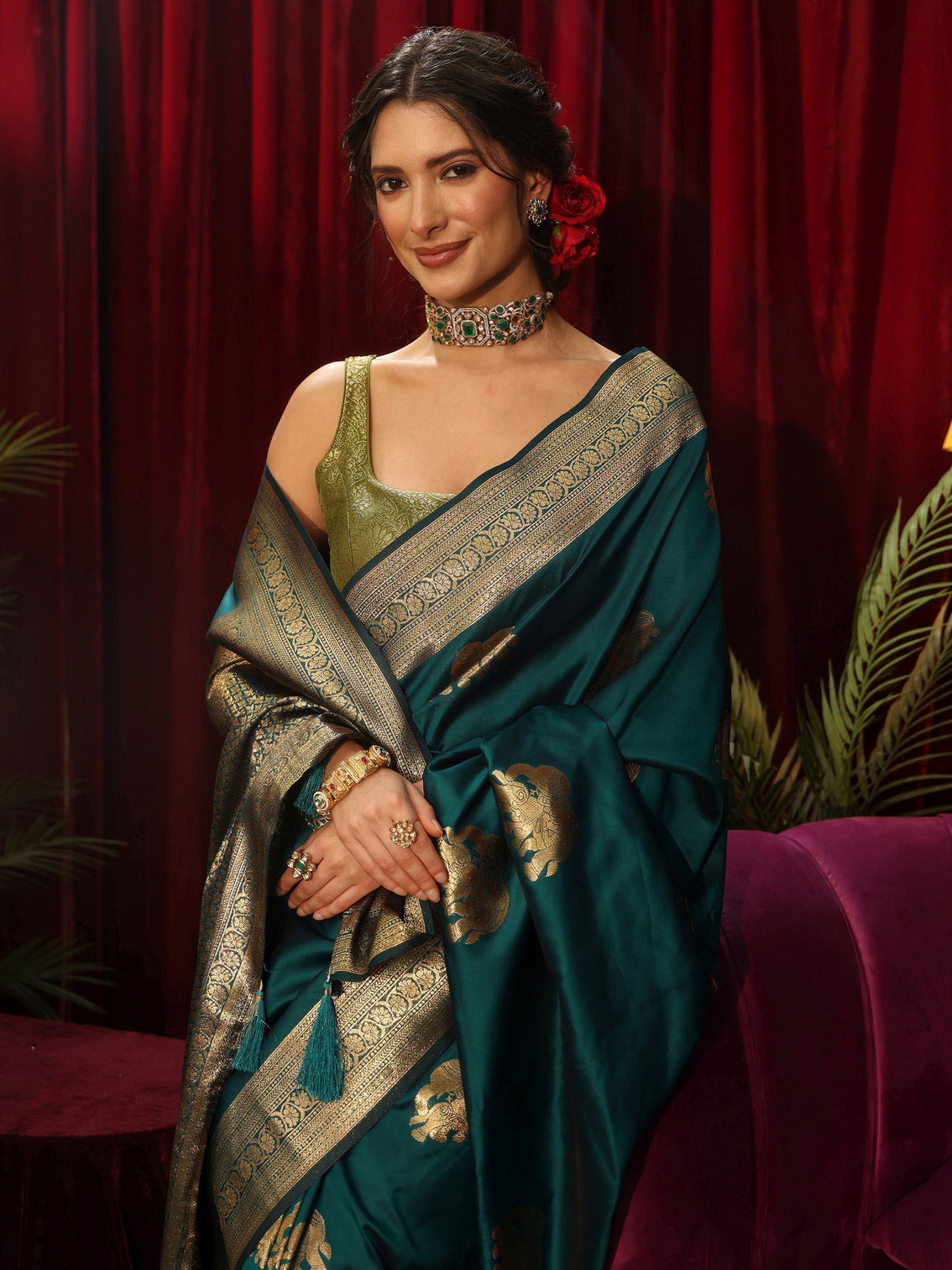 Mameraa Peacock Green Elephant Motif Kanjeevaram Silk Blend Saree