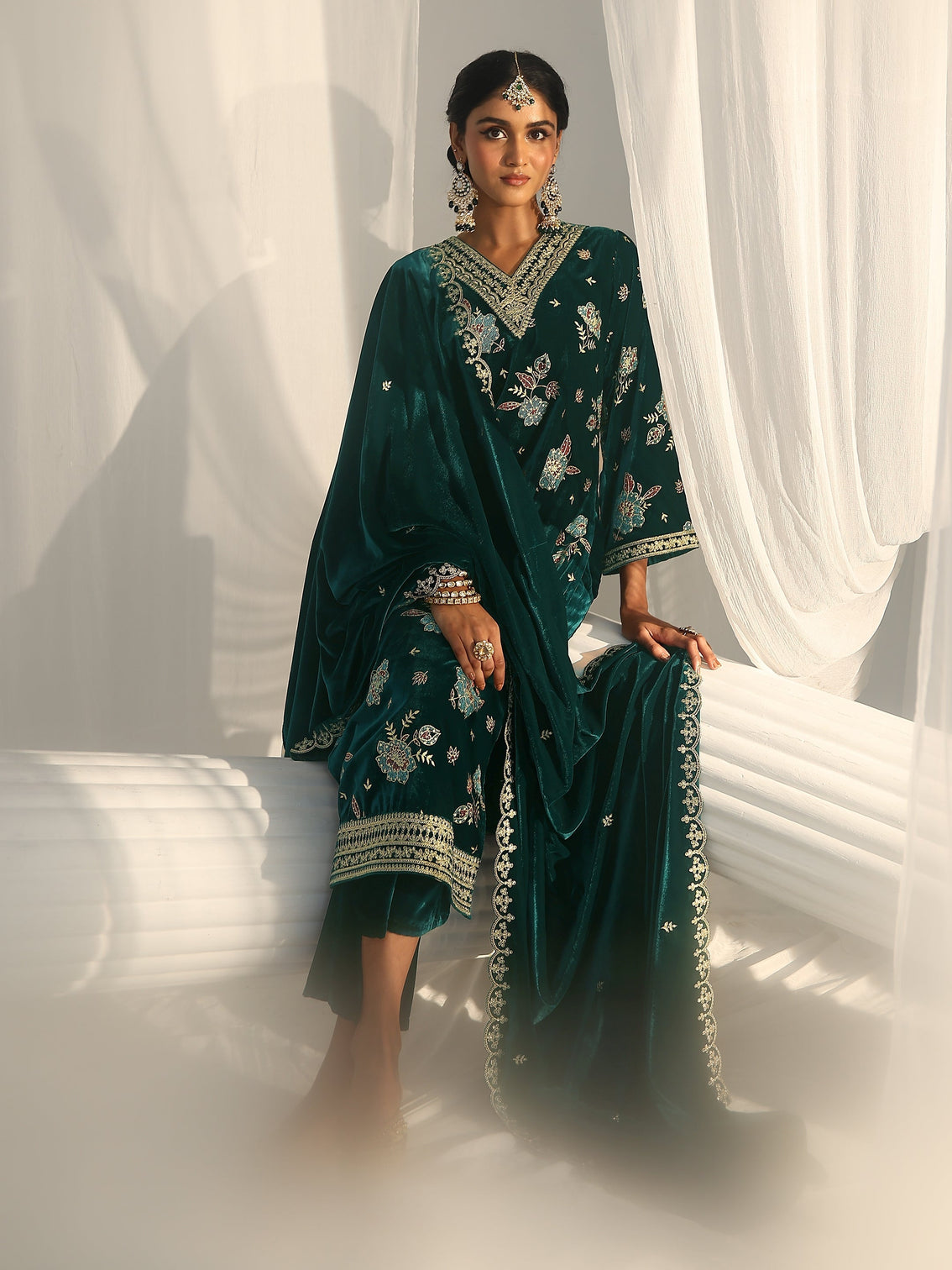 Mameraa Peacock Green Floral Embroidered Velvet Straight Suit Set