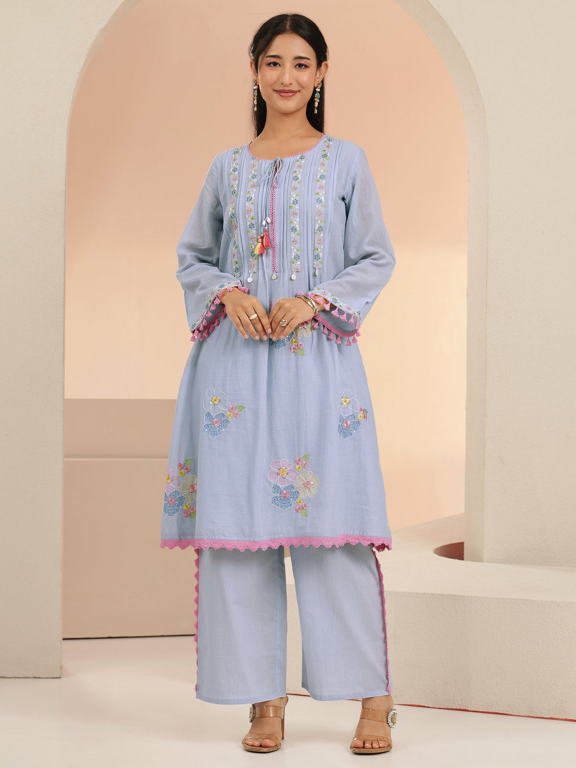 Mameraa Periwinkle Blue Floral Embroidered Cotton A-Line Kurta Set