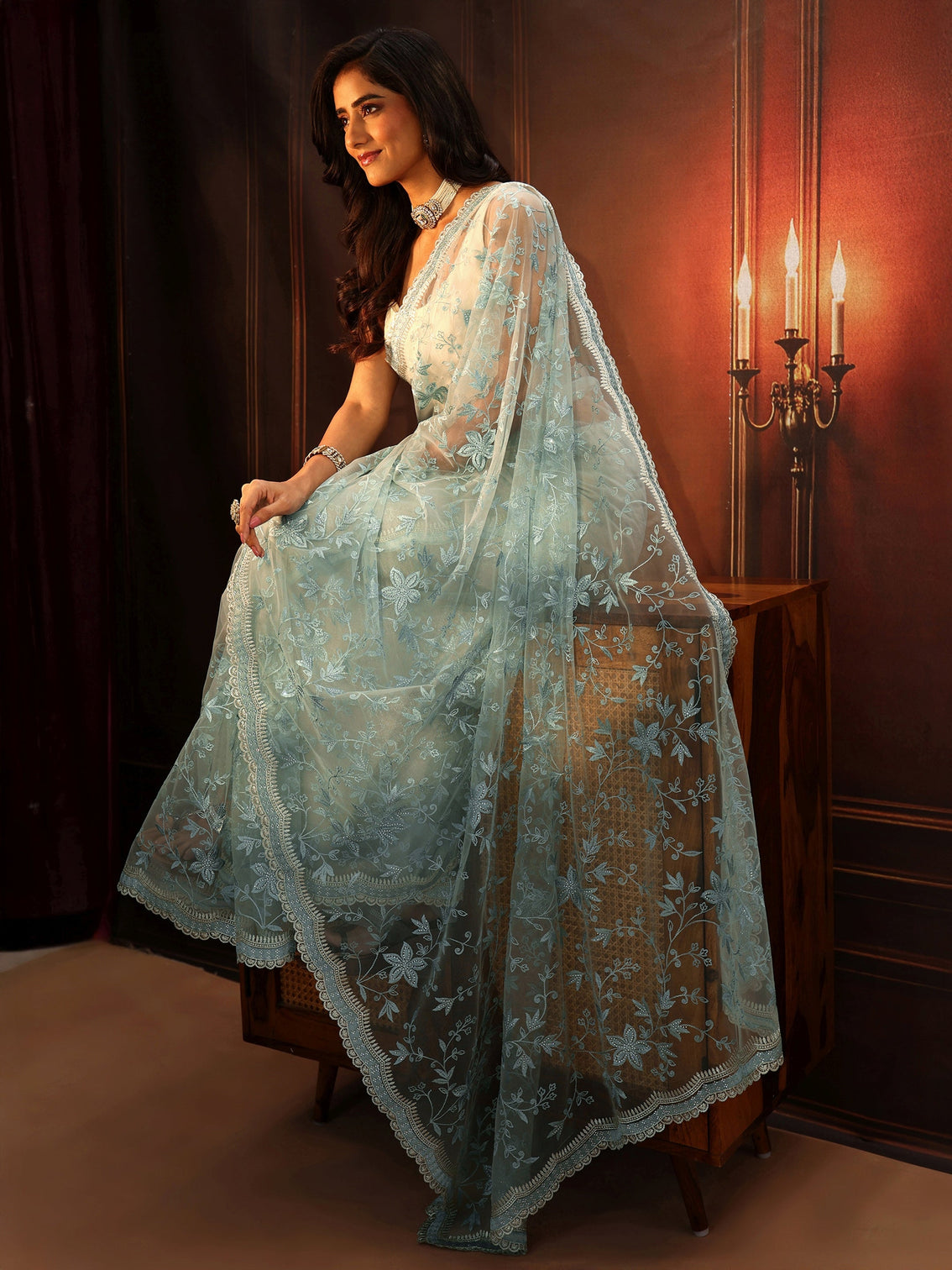 Mameraa Periwinkle Blue Floral Embroidered Net Saree