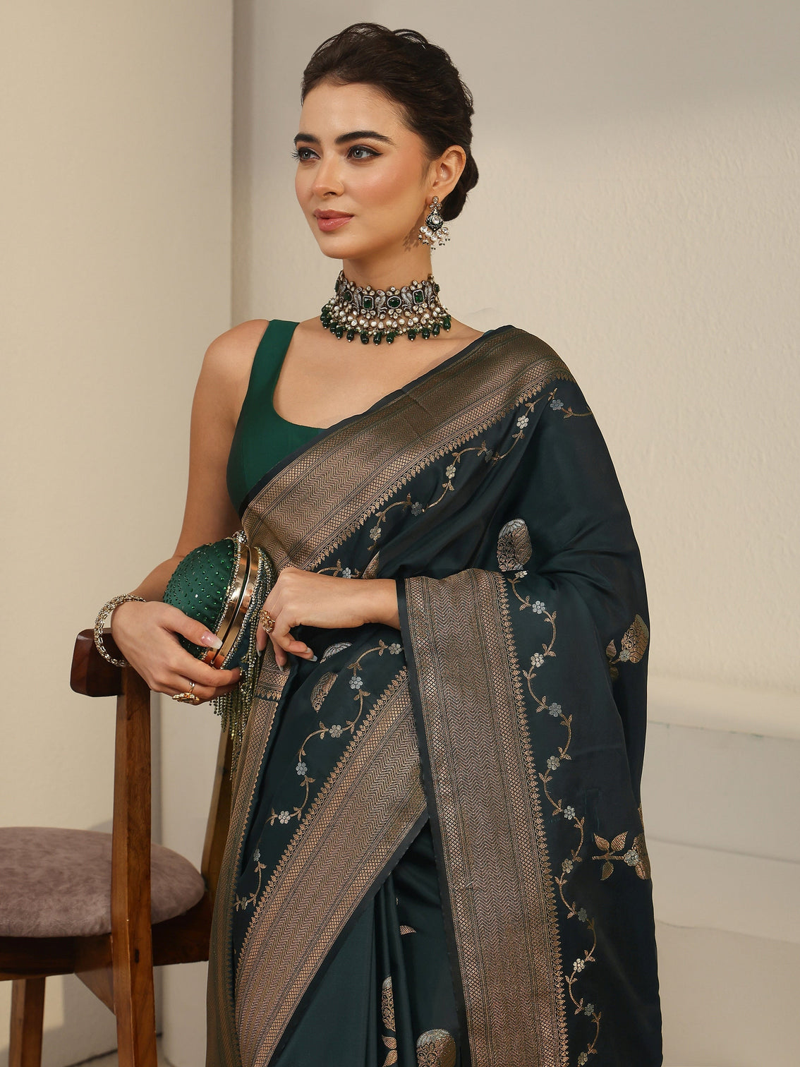 Mameraa Pine Green Banarasi Satin Saree