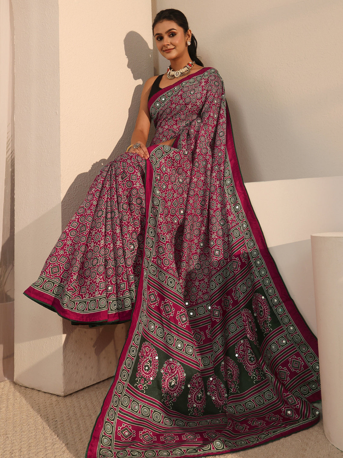 Mameraa Pink Ajrakh Printed Silk Blend Saree