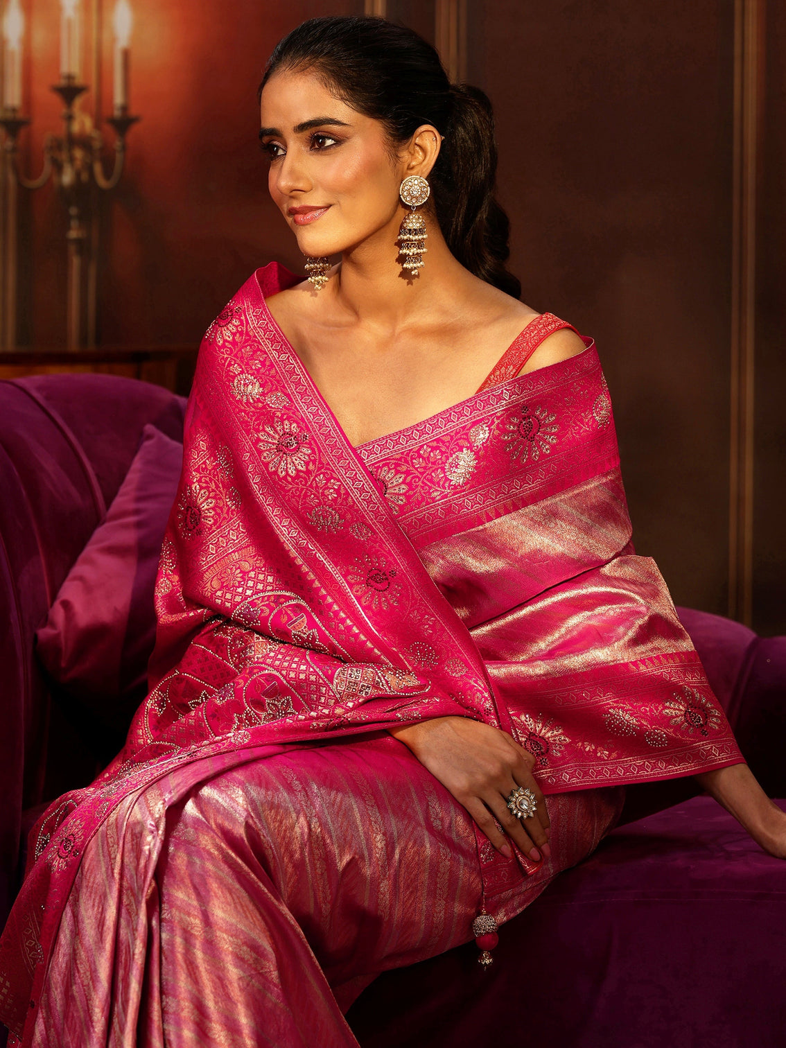 Mameraa Pink Banarasi Silk Blend Saree with Embellished Pallu