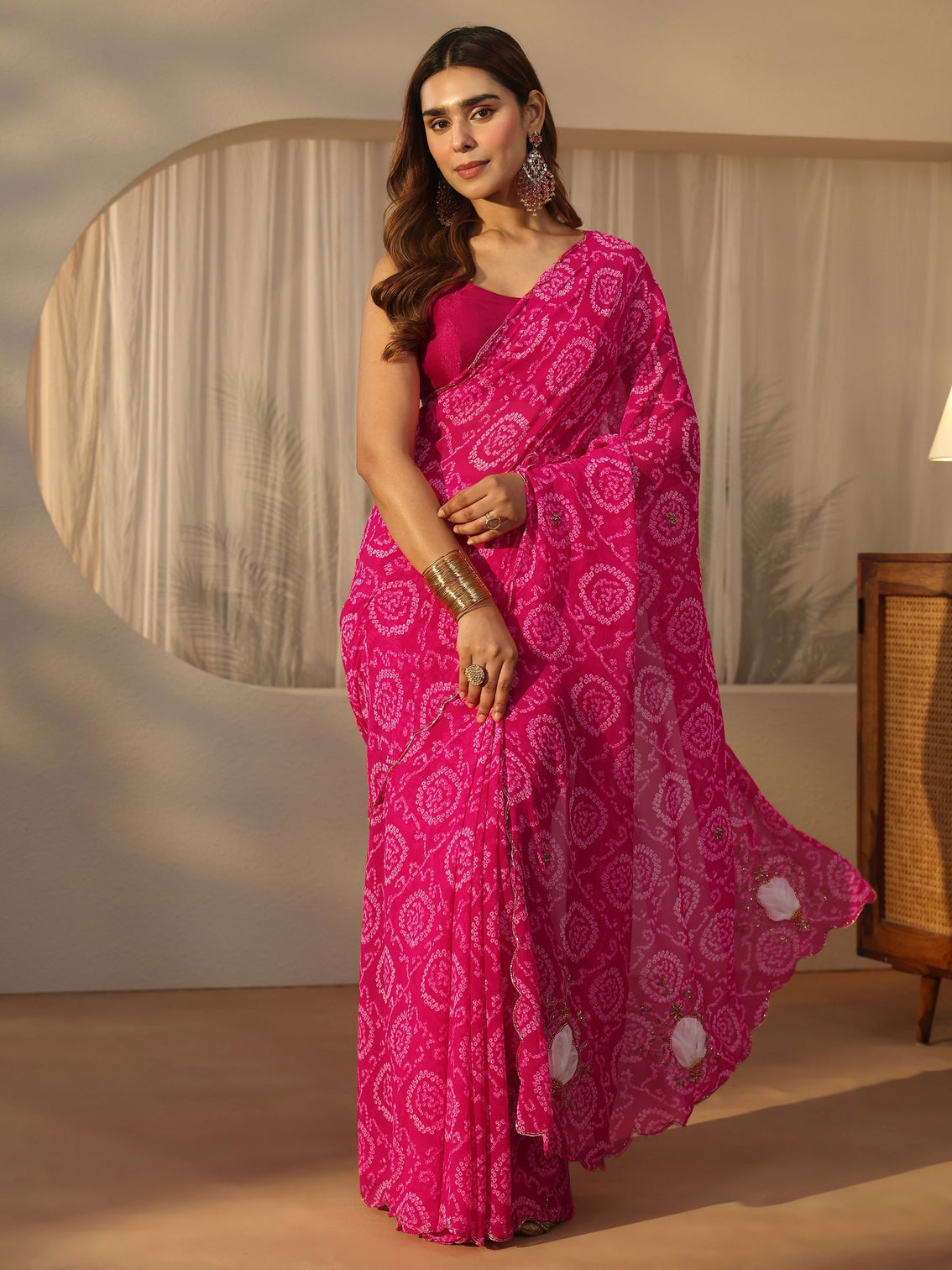 Mameraa Pink Bandhani Print Chiffon Saree with Applique Design