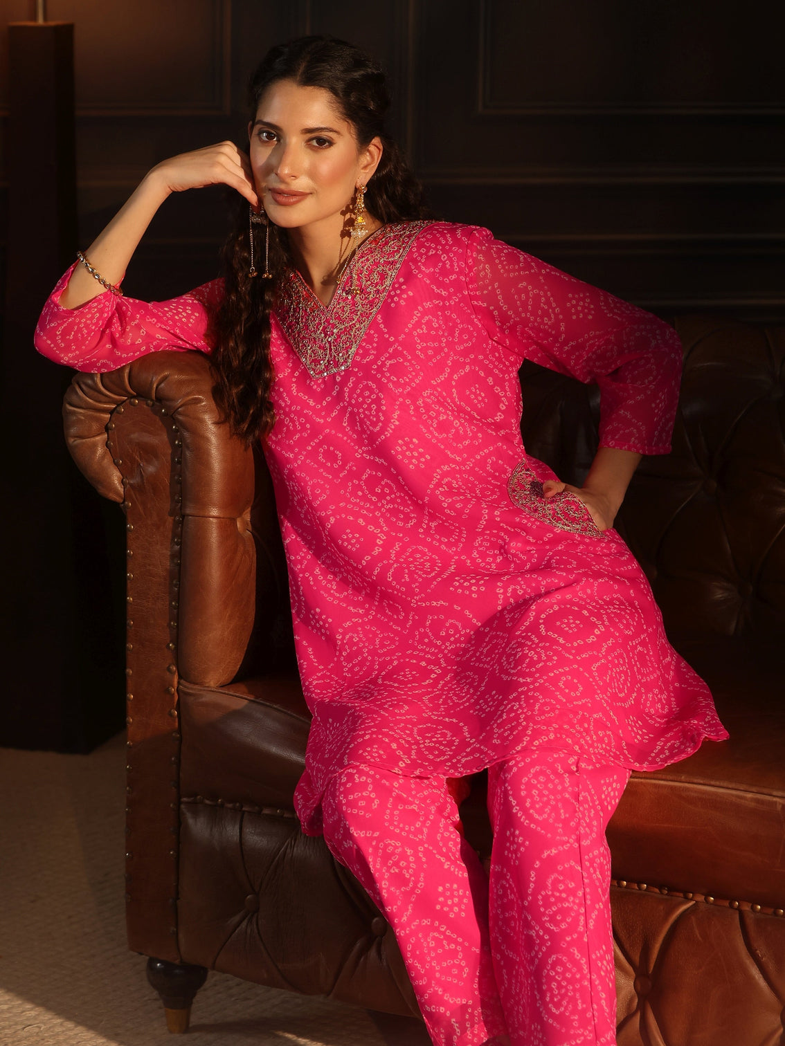 Mameraa Pink Bandhani Printed Chiffon Co-Ord Set