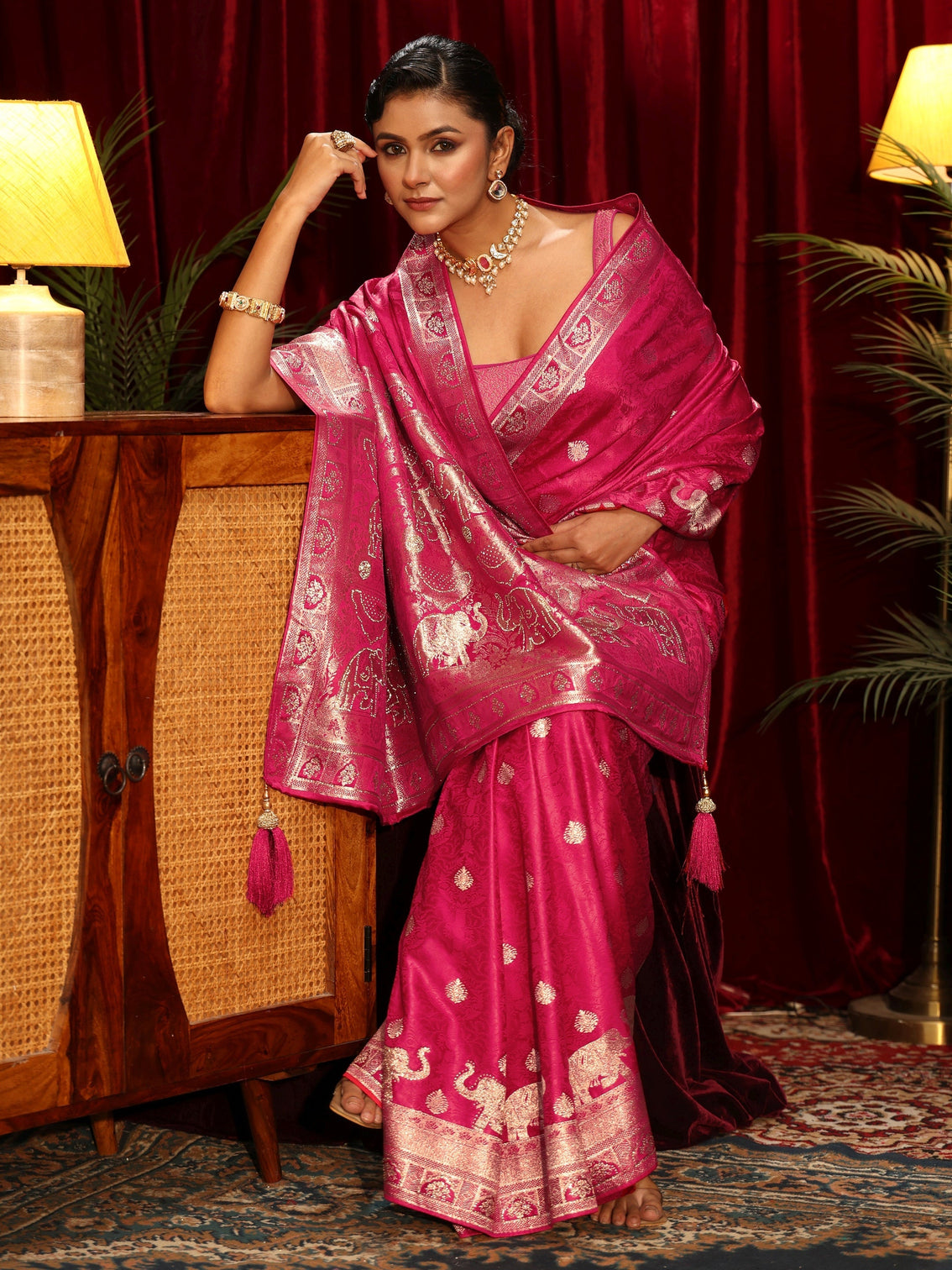 Mameraa Pink Elephant Woven Design Embellished Satin Saree