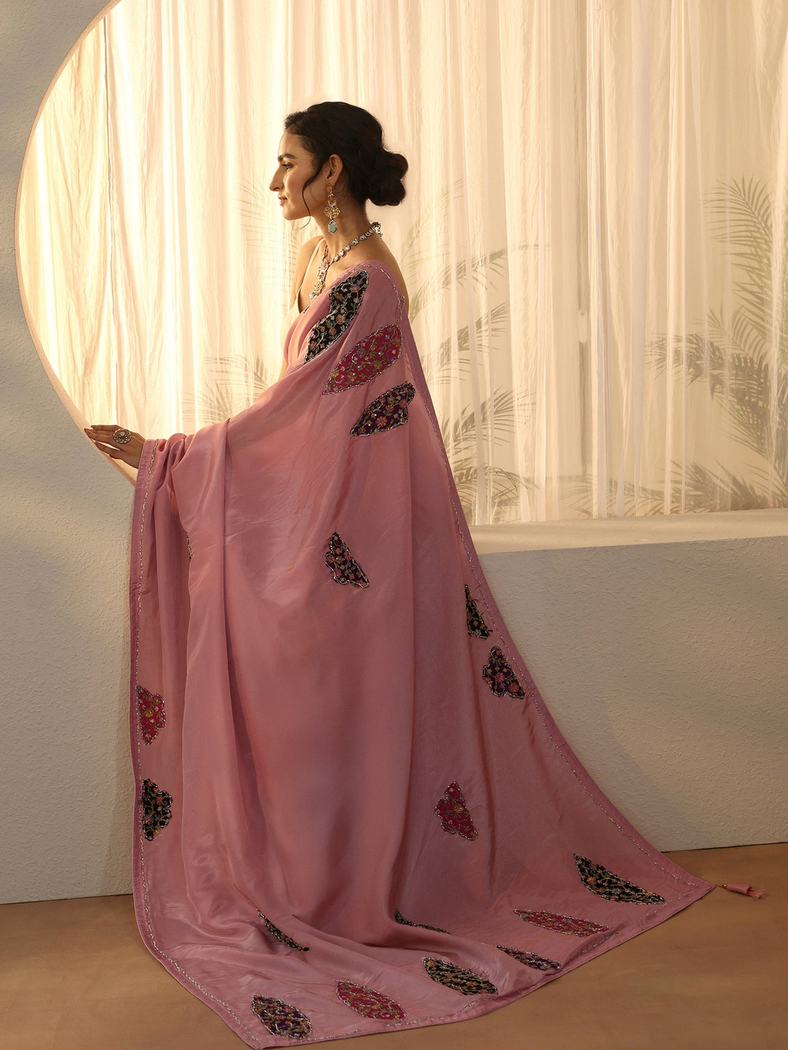 Mameraa Pink Embellished Satin Saree with Applique Design