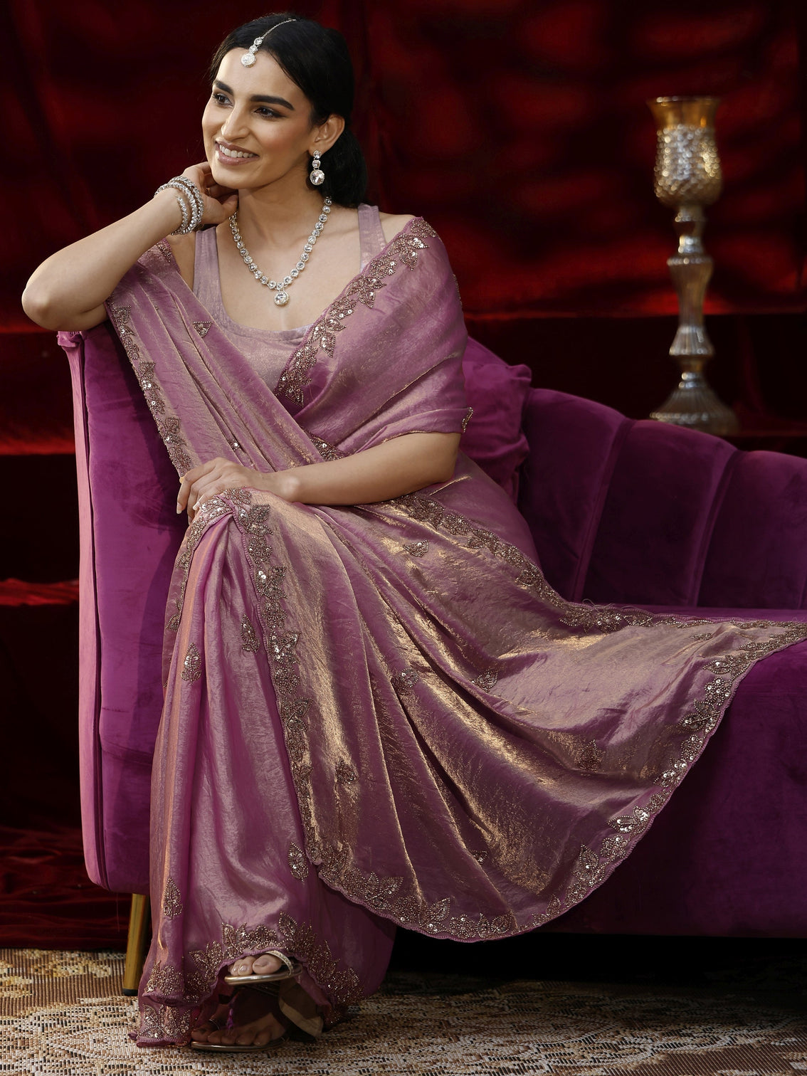 Mameraa Pink Embellished Tissue Saree