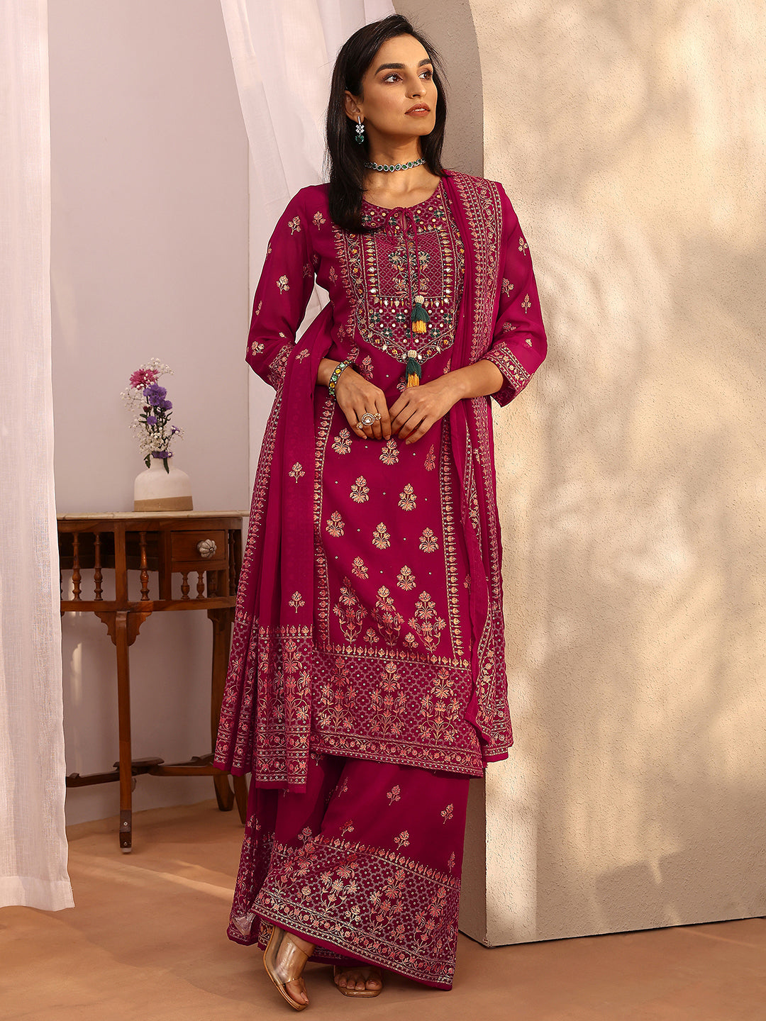 Mameraa Pink Embroidered Georgette Straight Suit Set With Dupatta