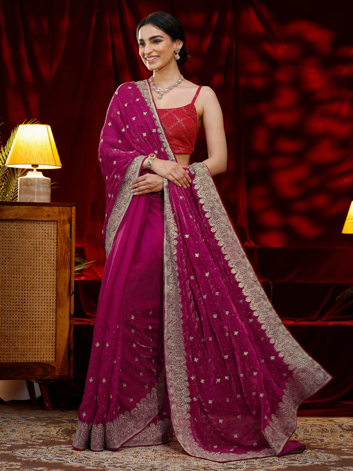Mameraa Pink Embroidered Tissue Saree