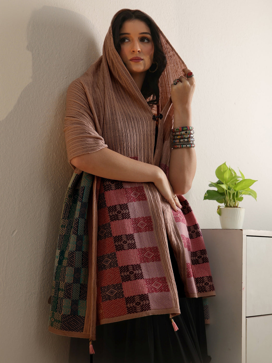 Mameraa Pink Ethnic Knitted Acrylic Shawl