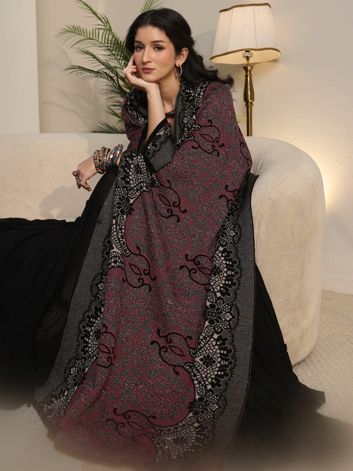 Mameraa Pink Ethnic Knitted Acrylic Wrap Shawl