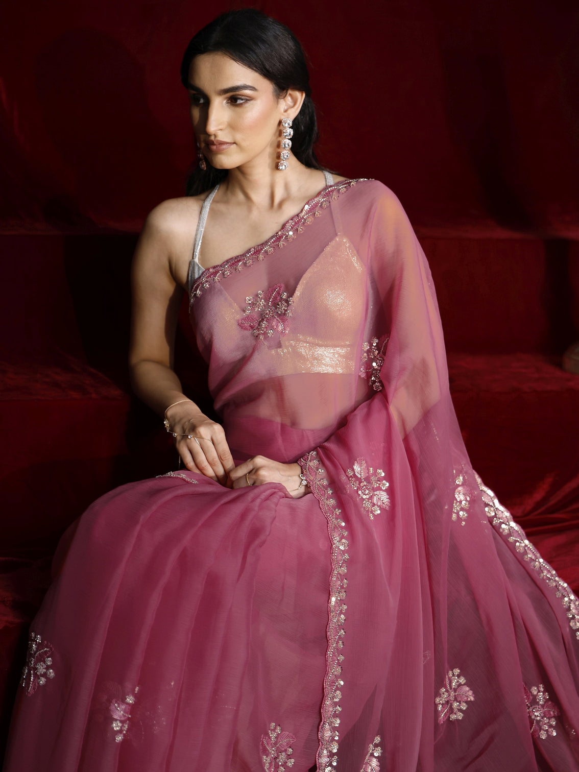 Mameraa Pink Floral Embellished Chiffon Saree