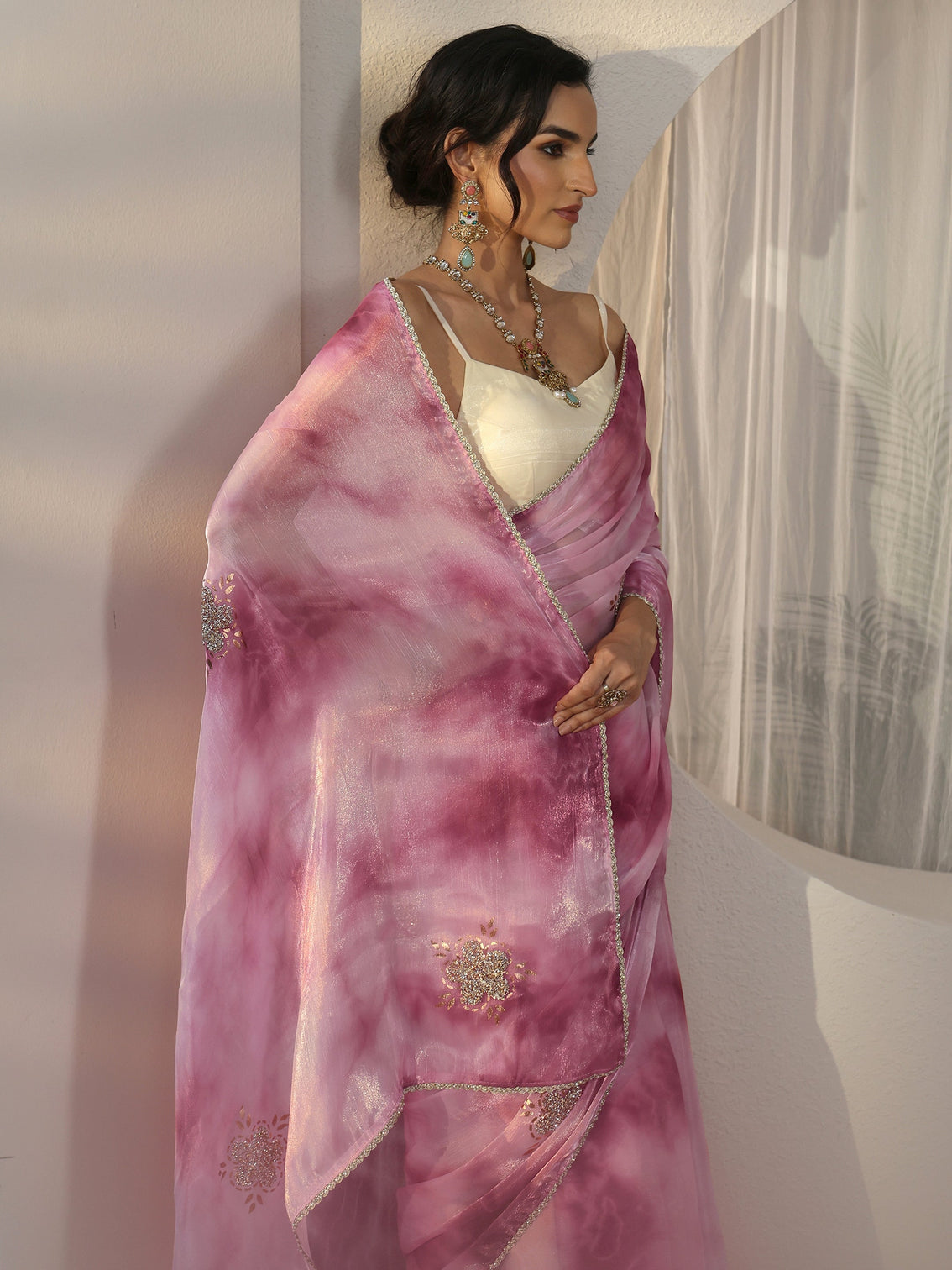 Mameraa Pink Floral Embellished Tissue Saree