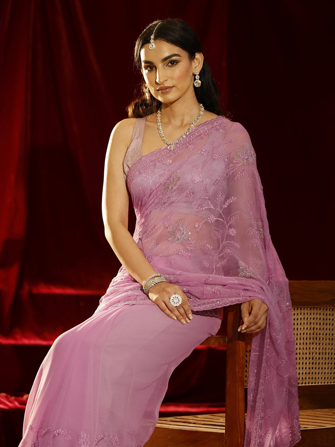 Mameraa Pink Floral Embroidered Chiffon Saree