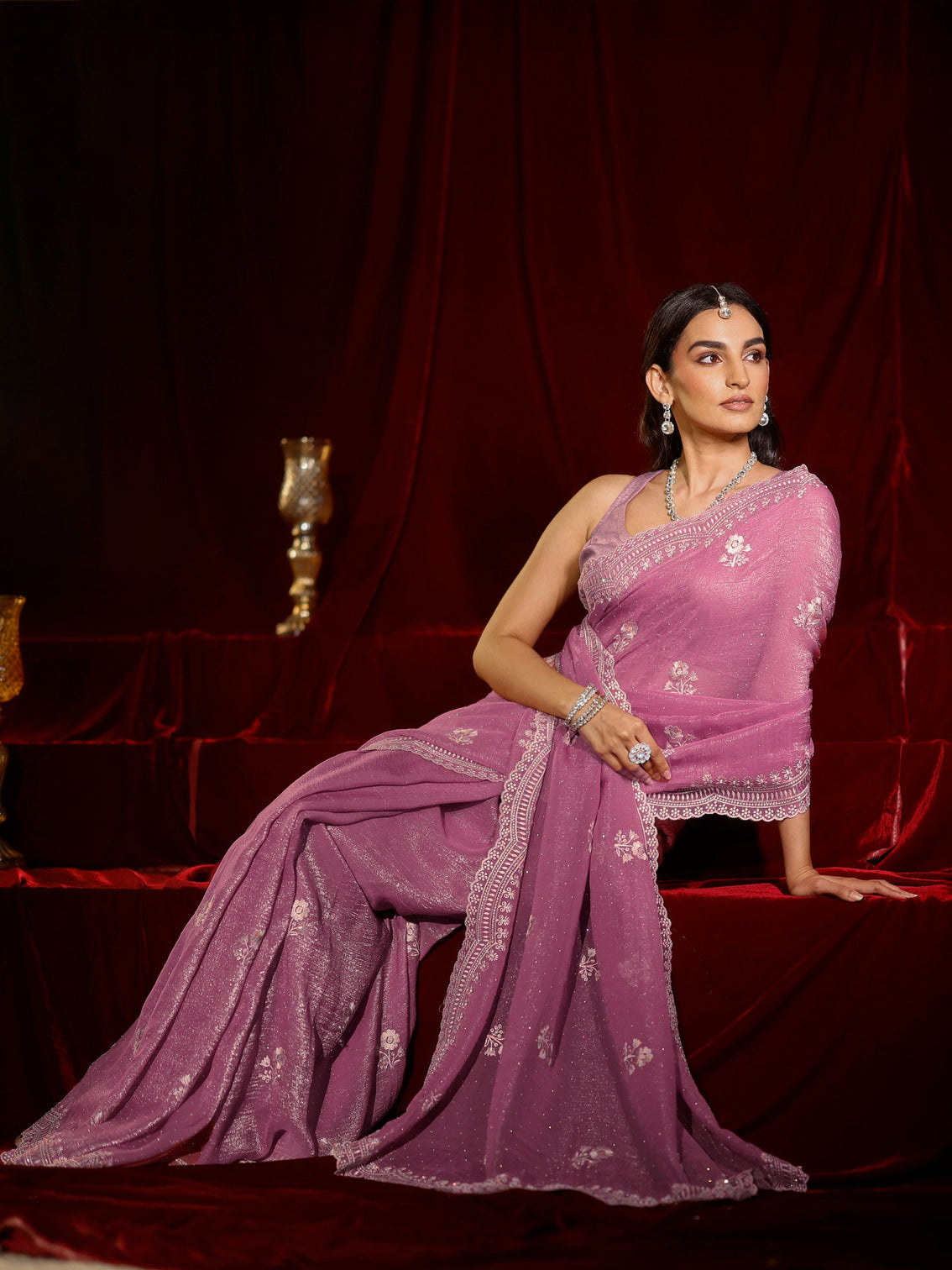 Mameraa Pink Floral Embroidered Chiffon Saree