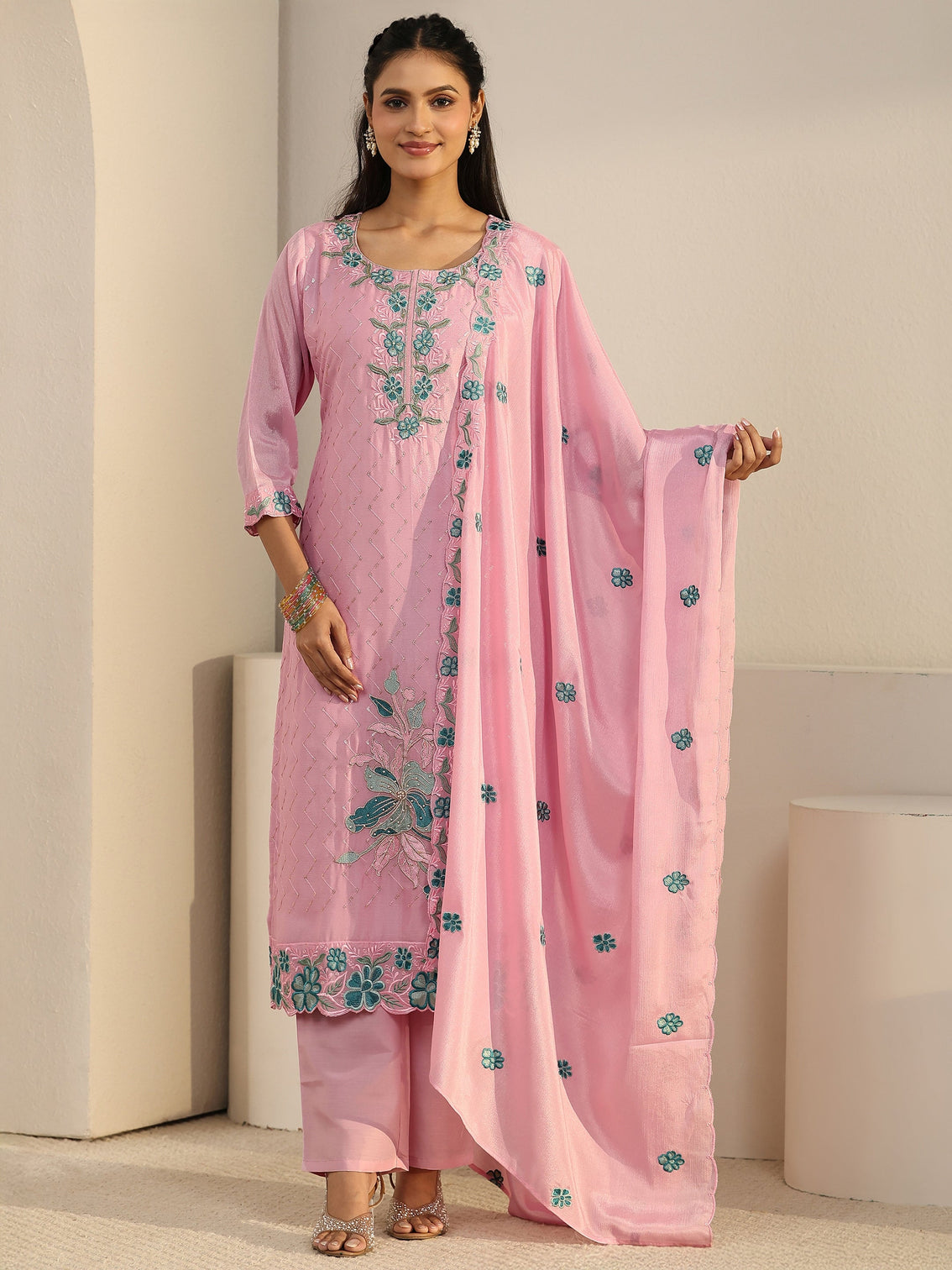 Mameraa Pink Floral Embroidered Chinon Straight Suit Set