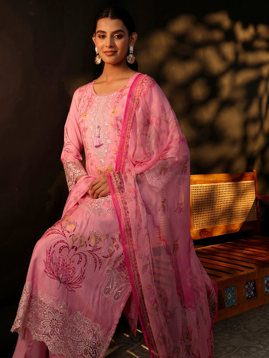 Mameraa Pink Floral Embroidered Crepe Straight Suit Set