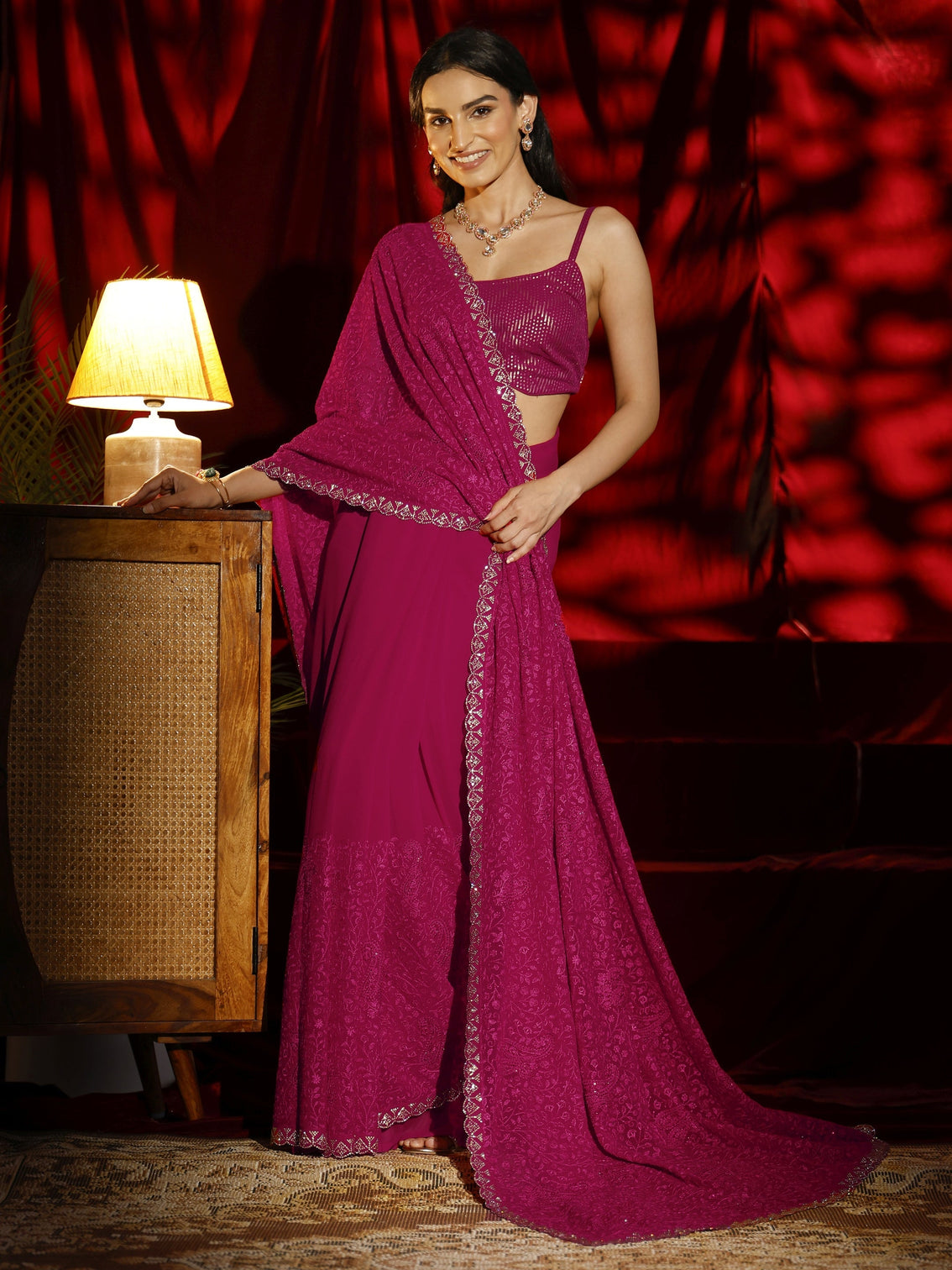 Mameraa Pink Floral Embroidered Georgette Saree
