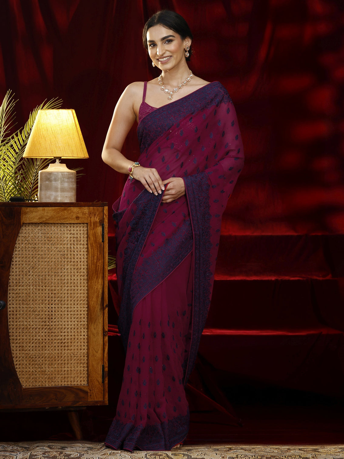 Mameraa Pink Floral Embroidered Georgette Saree