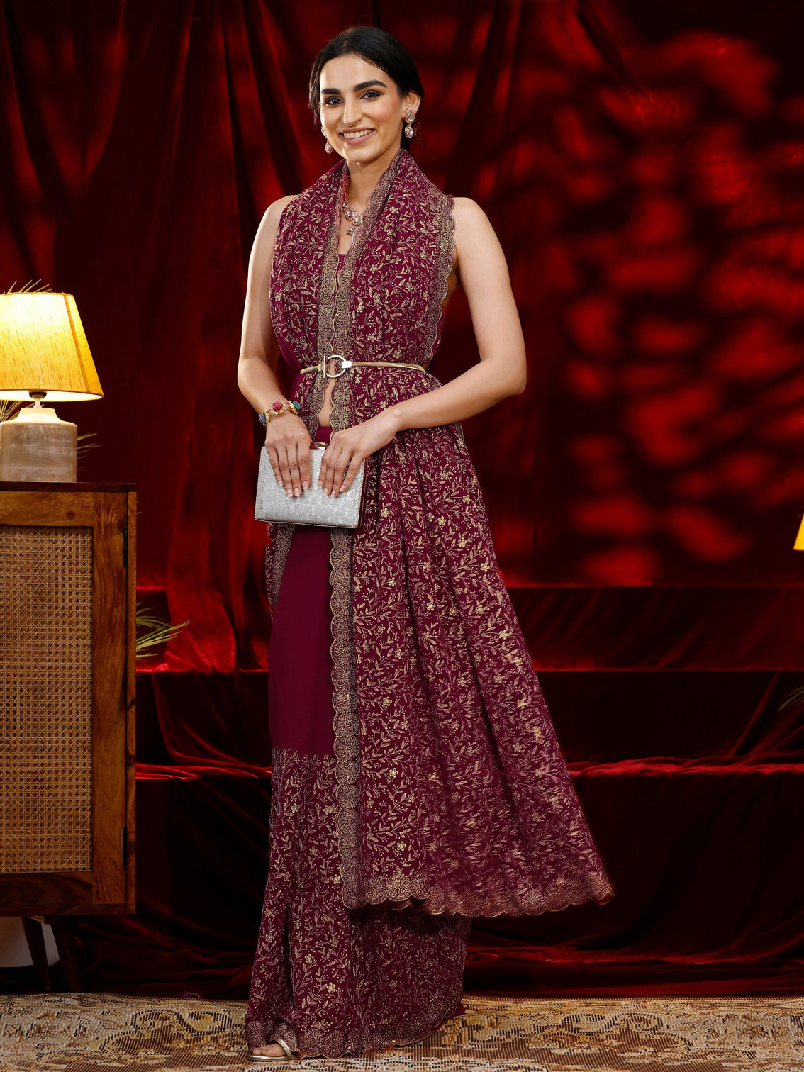 Mameraa Pink Floral Embroidered Georgette Saree