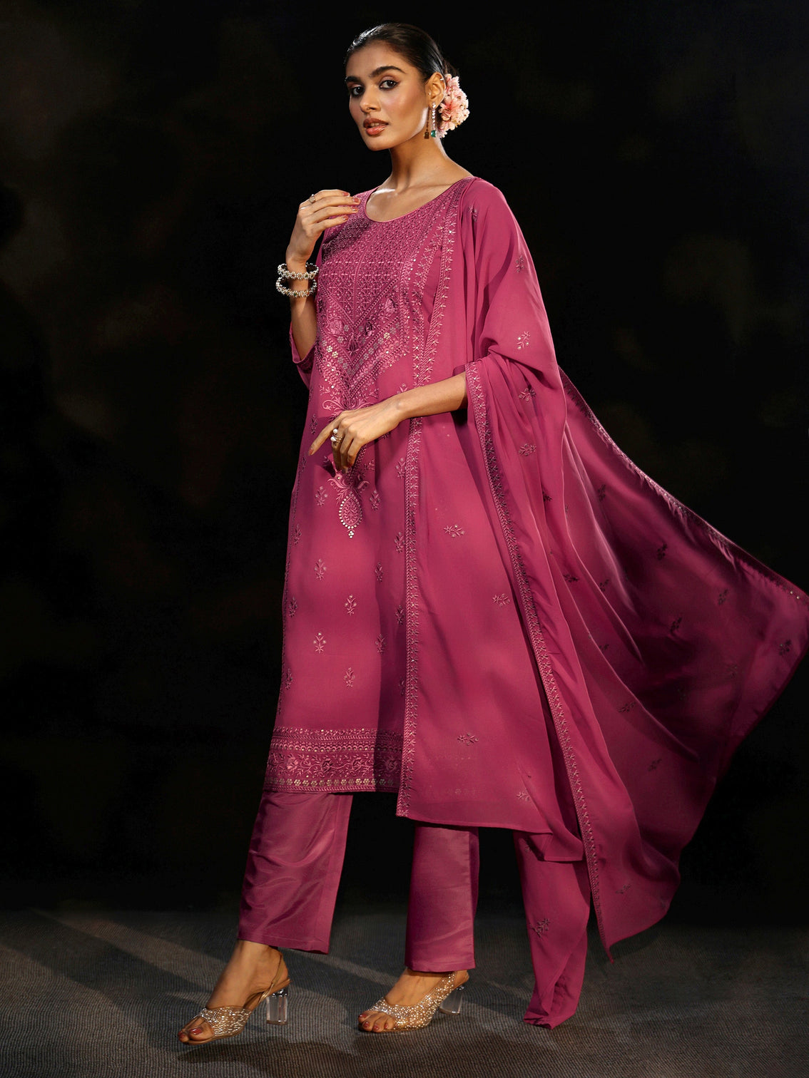 Mameraa Pink Floral Embroidered Georgette Straight Suit Set